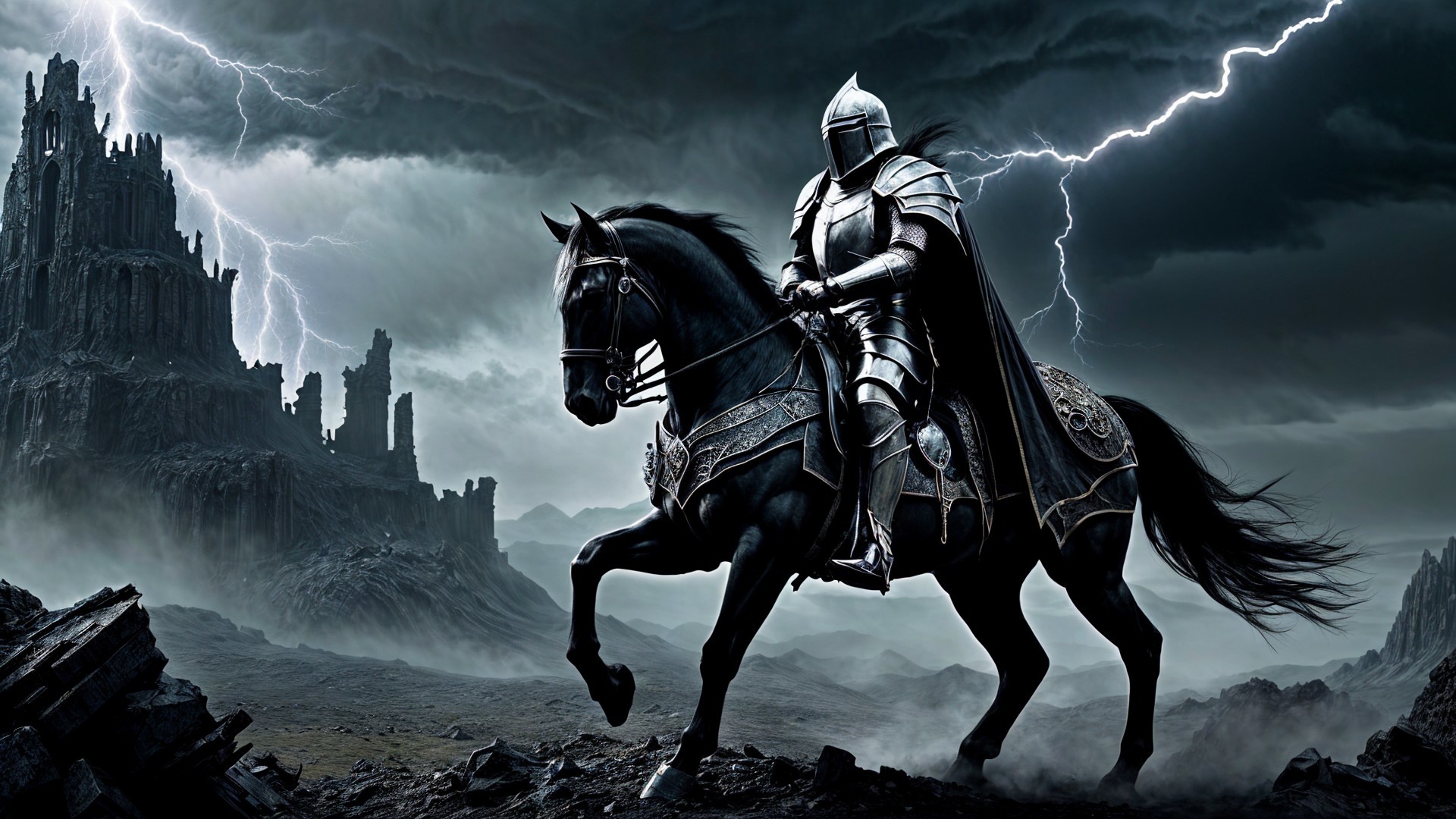 Knight in Armor on Horse in Stormy Landscape
