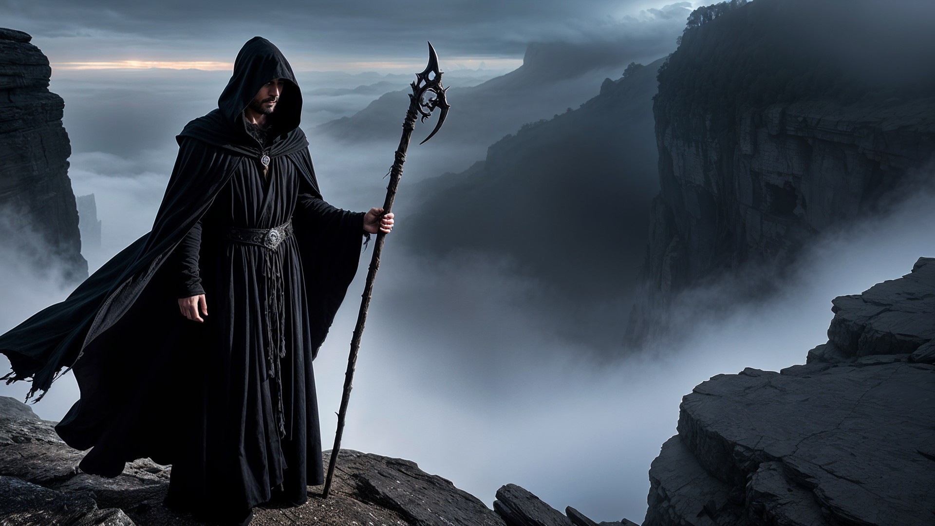 Mysterious Cloaked Figure on Rocky Cliff in Mist