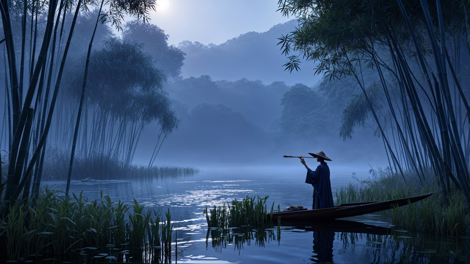 Lone Flutist in Traditional Attire on Misty River