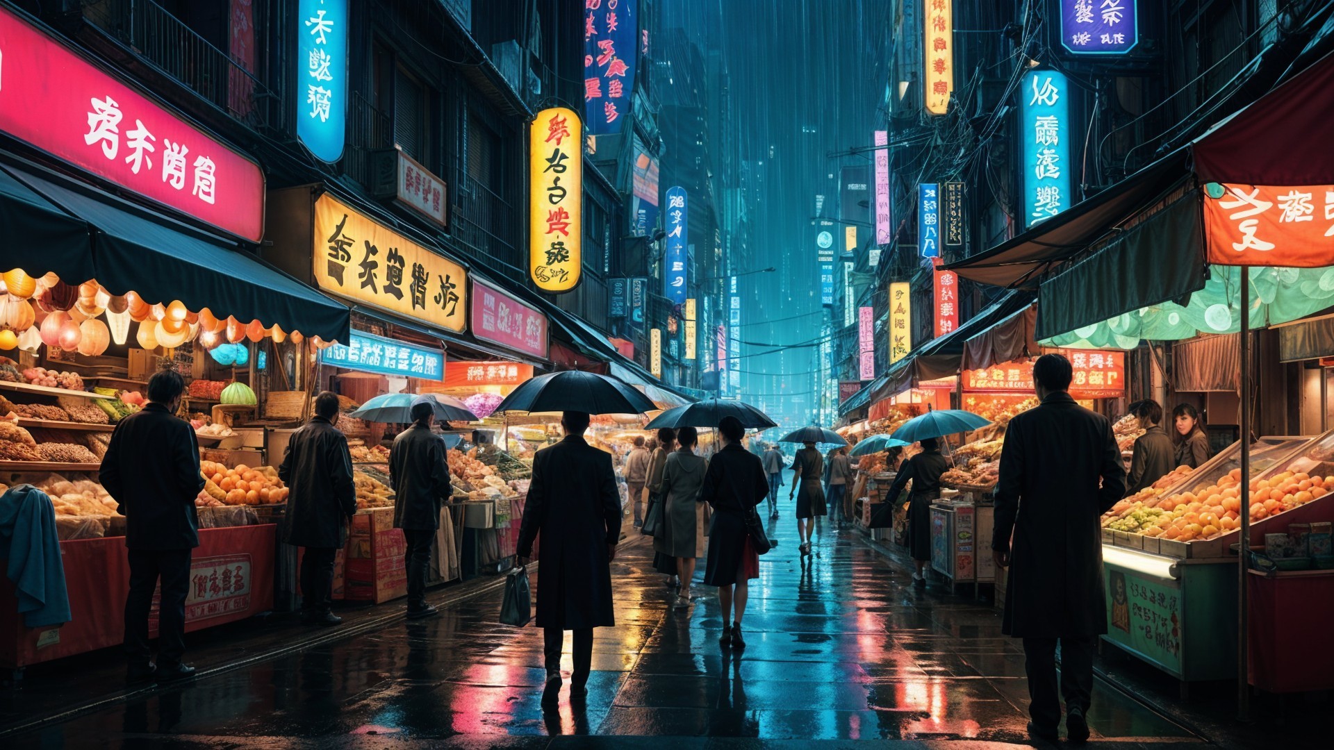 Vibrant Neon-Lit Street Market at Night