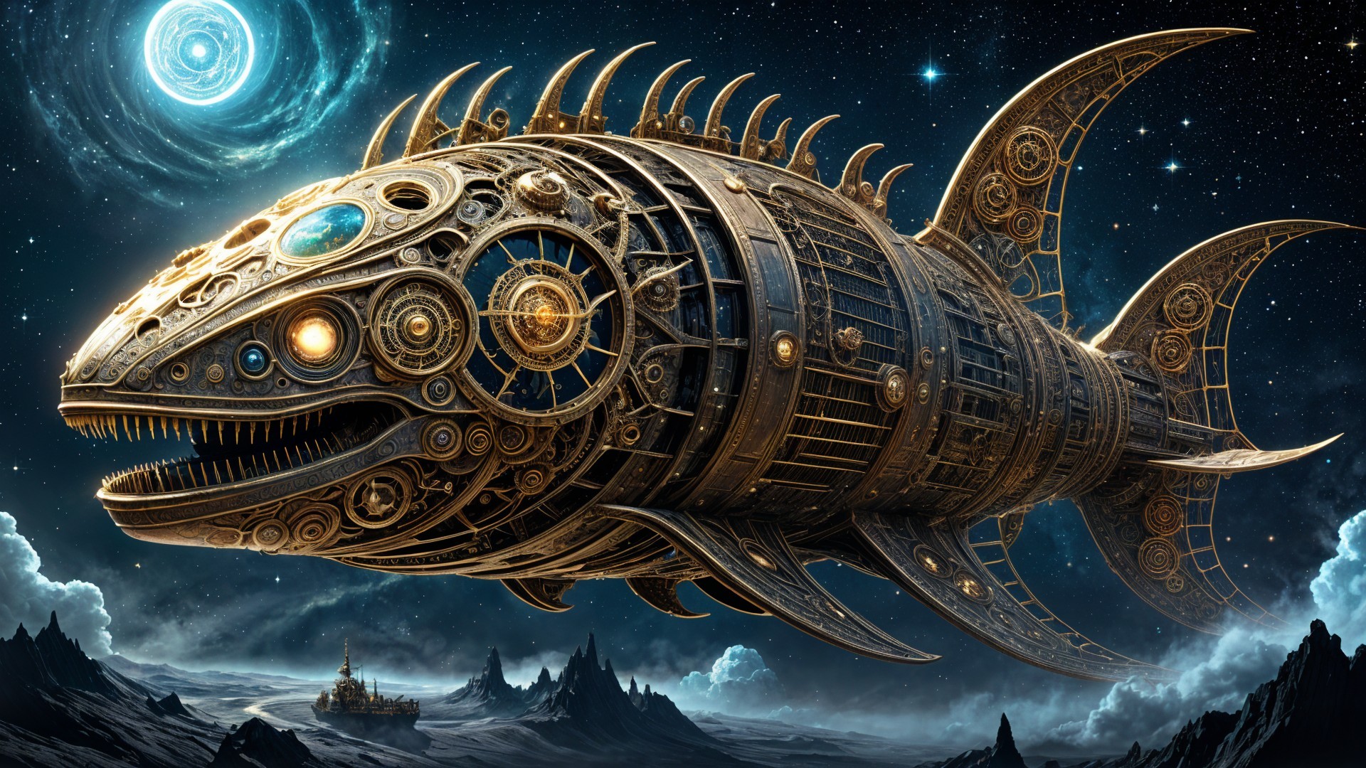Colossal Steampunk Fish in a Starry Cosmic Scene