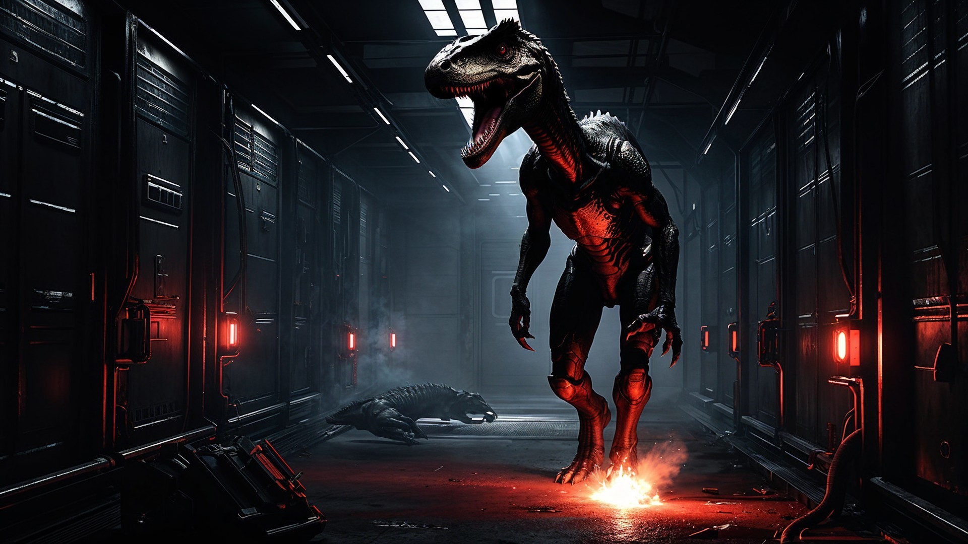 Menacing Velociraptor in Futuristic Dim Corridor