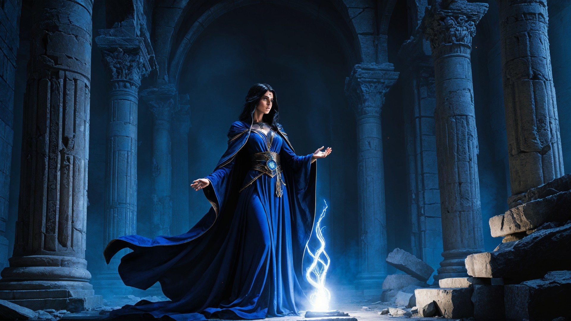 Mysterious Sorceress in Ancient Ruin with Glowing Light