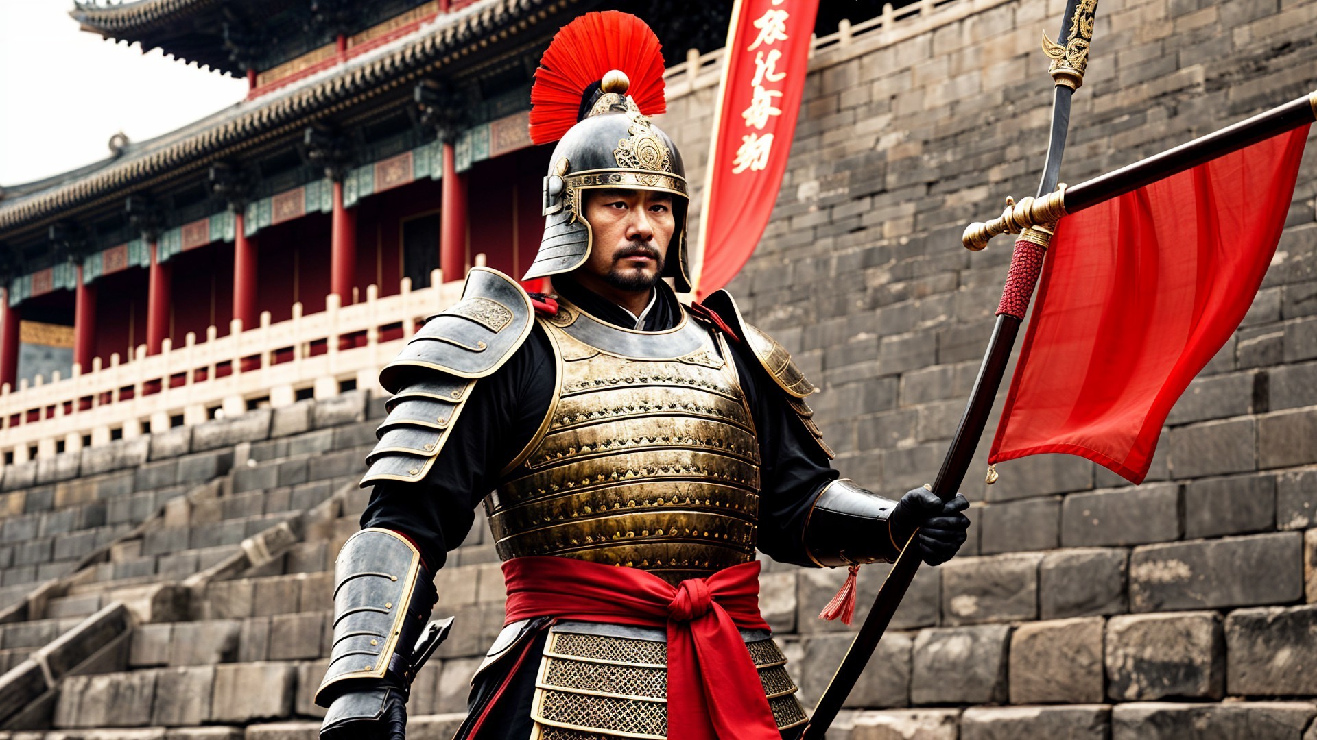 Warrior in Ornate Armor with Spear and Historical Setting