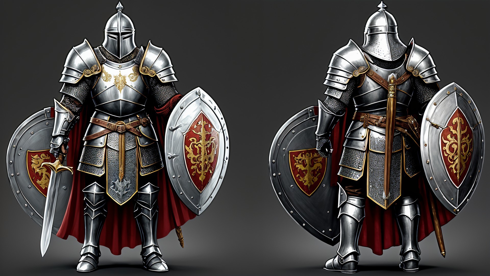 Medieval Knight in Ornate Armor with Sword and Shield