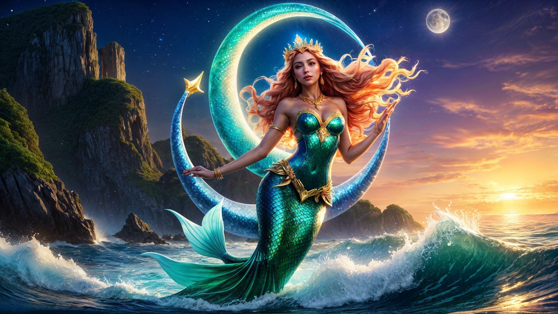 Majestic Mermaid Amidst Crashing Waves at Sunset