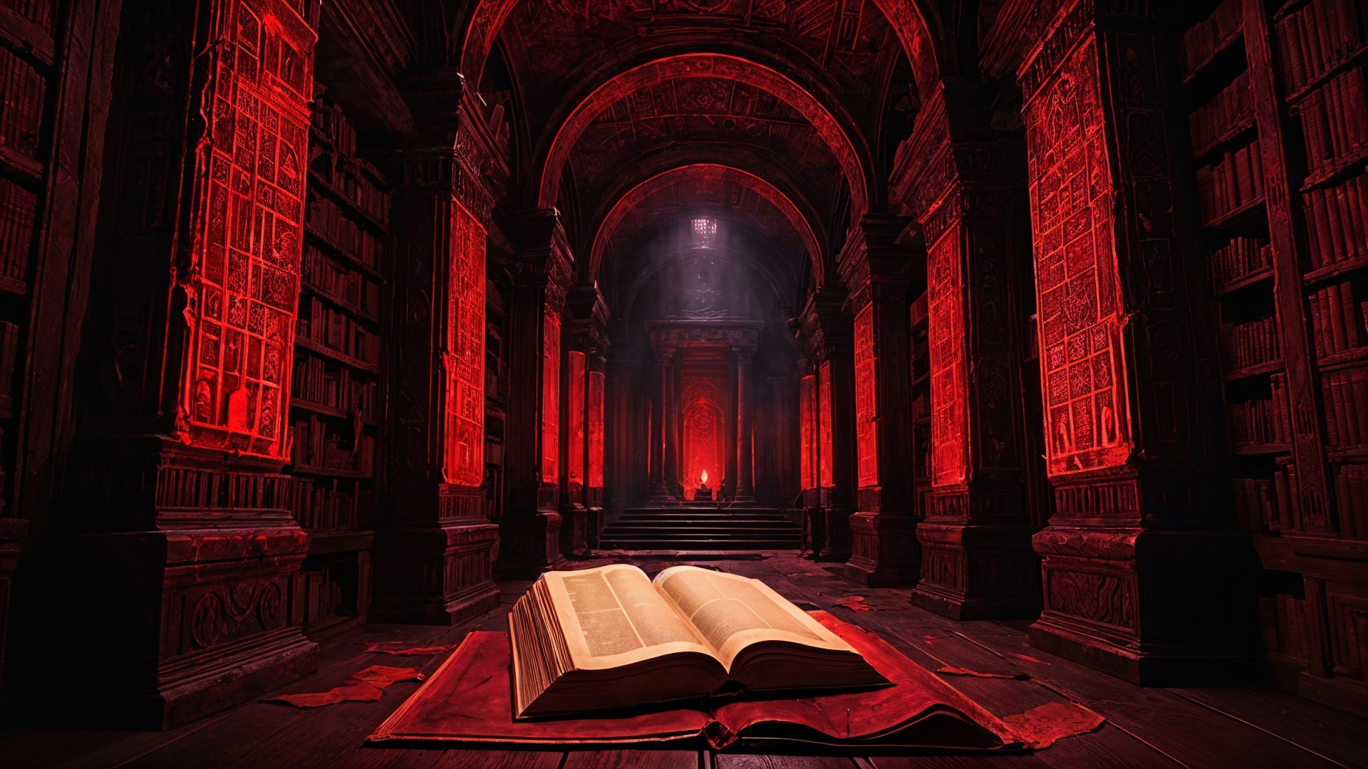 Gothic Library with Ancient Books and Red Glow