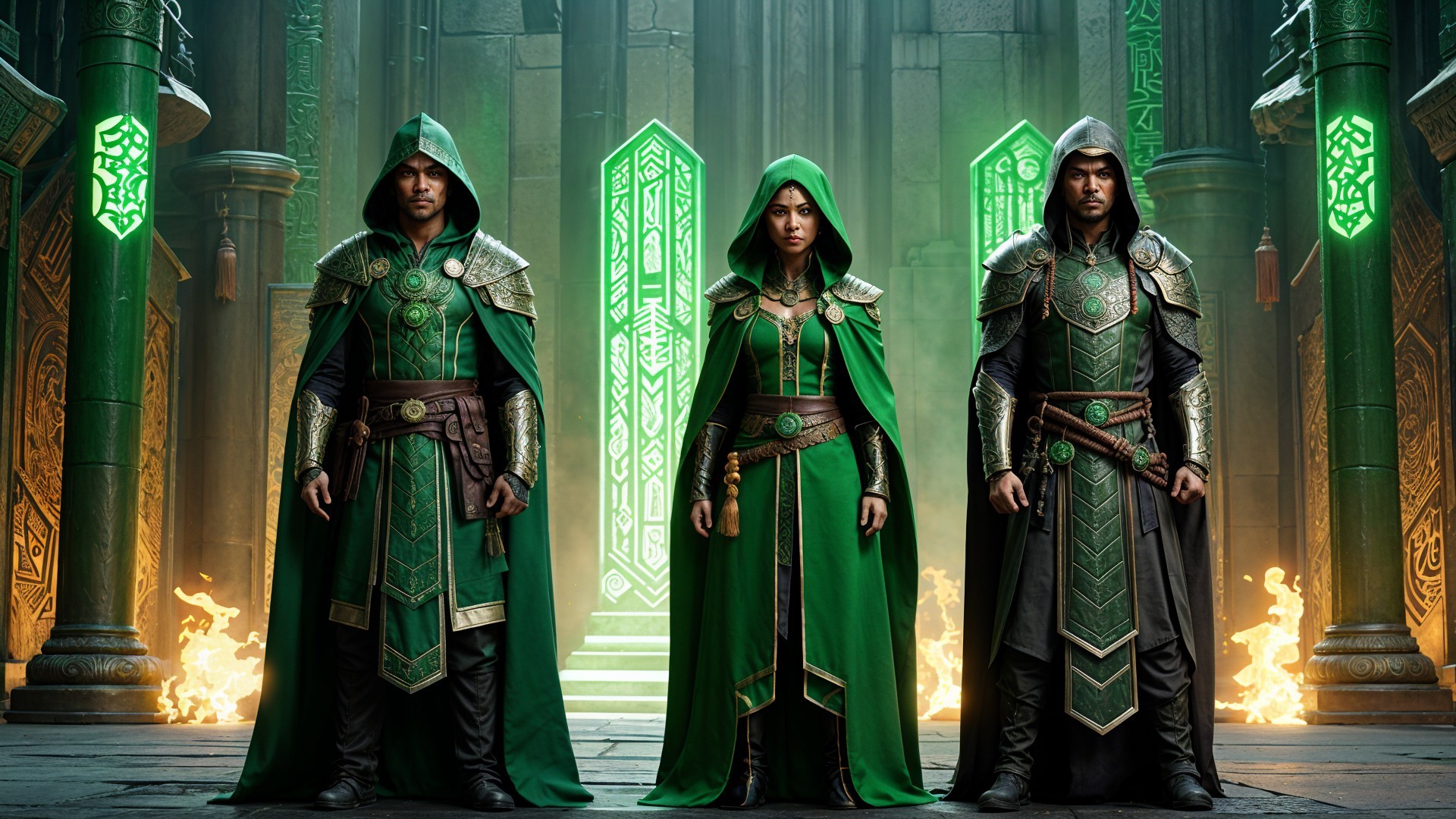 Mystical Figures in Green Cloaks in Enchanted Setting