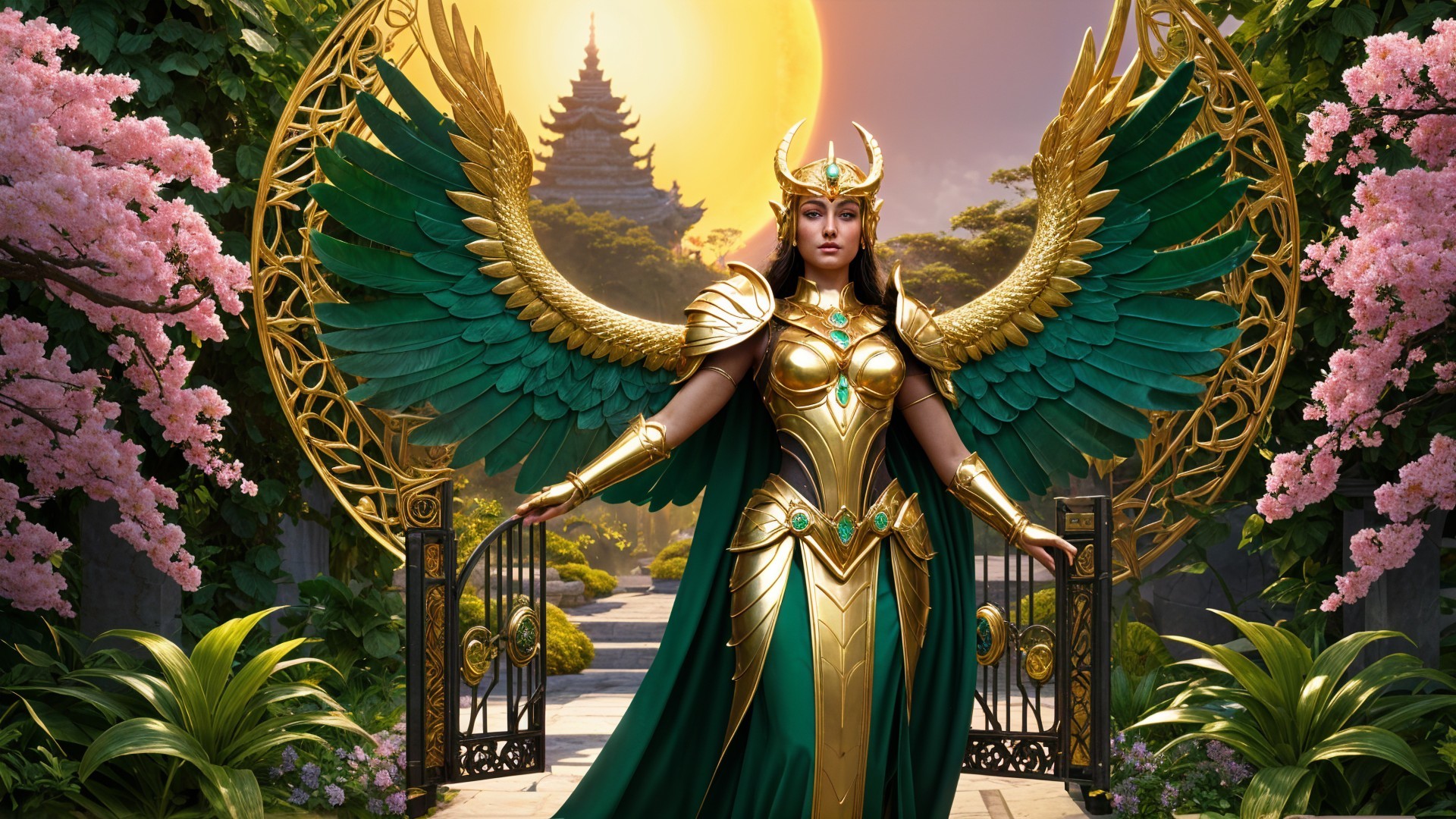 Majestic figure in golden armor in vibrant garden