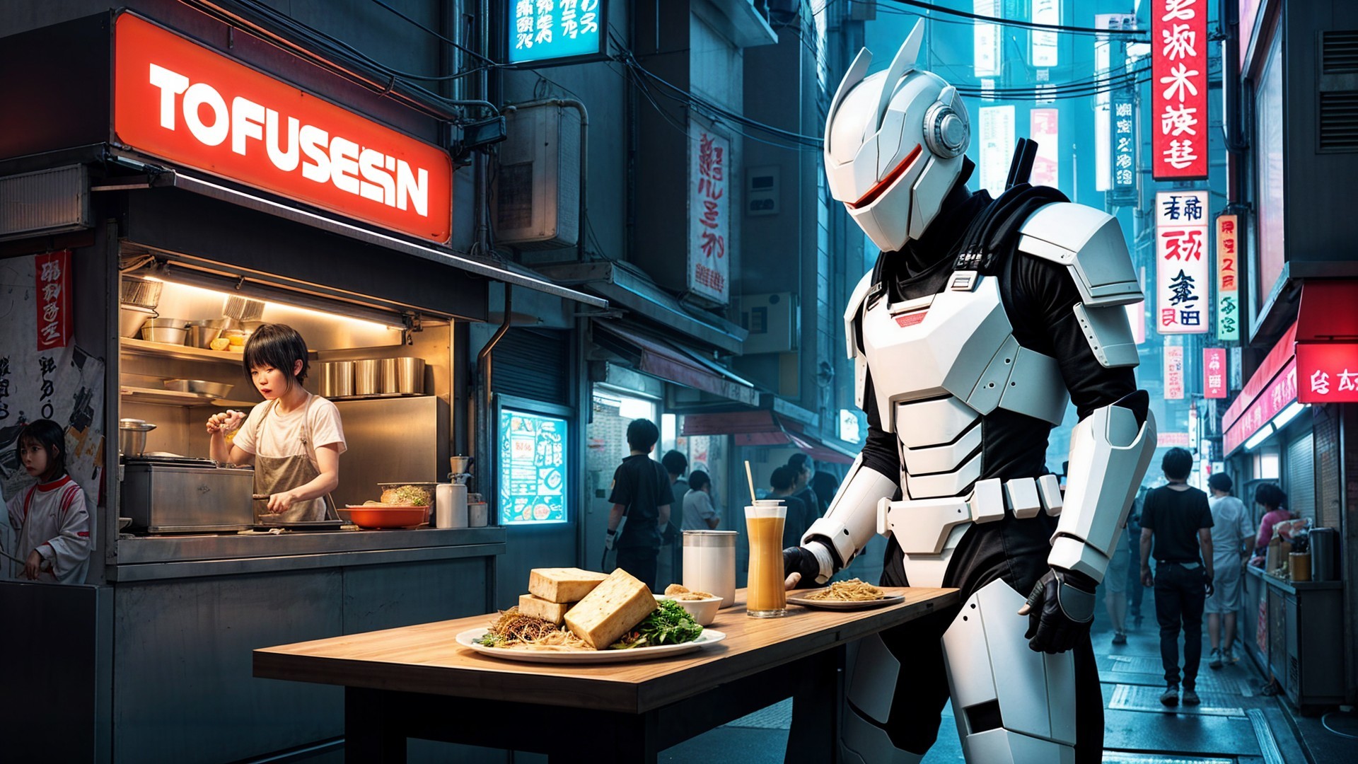 Futuristic Robot in Alleyway with Tofu and Noodles