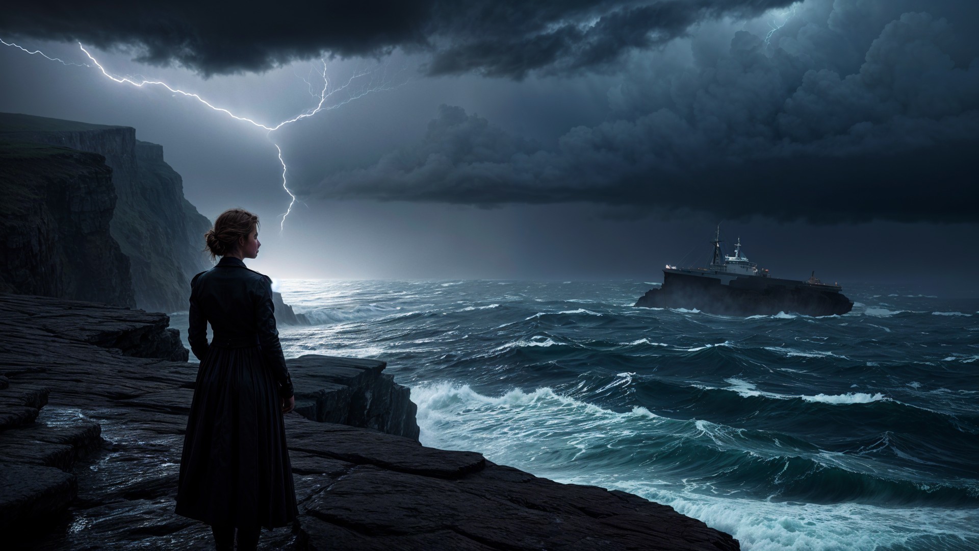 Lone Figure on Rocky Shore Amid Stormy Seas