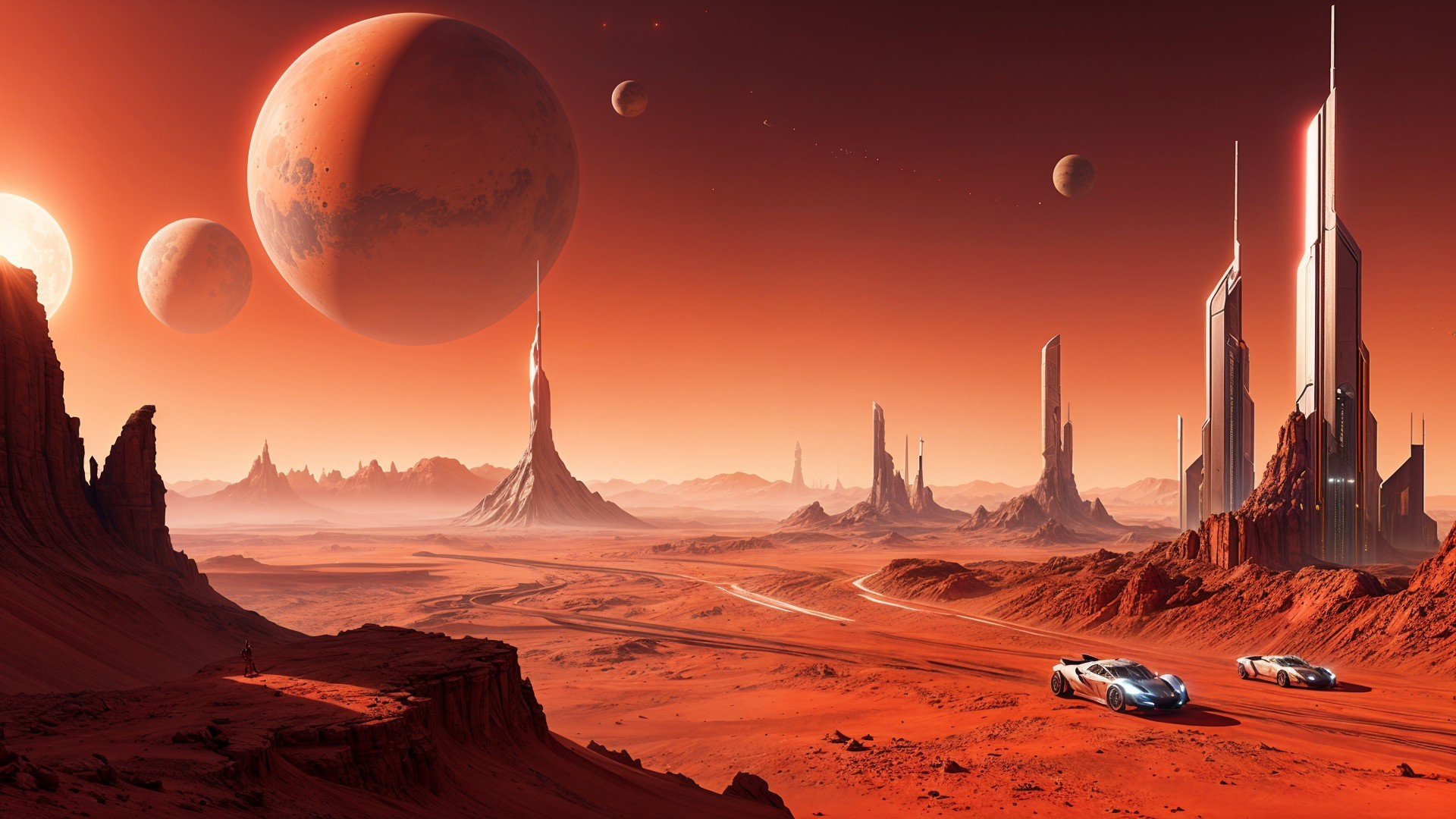 Extraterrestrial Landscape with Orange Hues and Skyscrapers