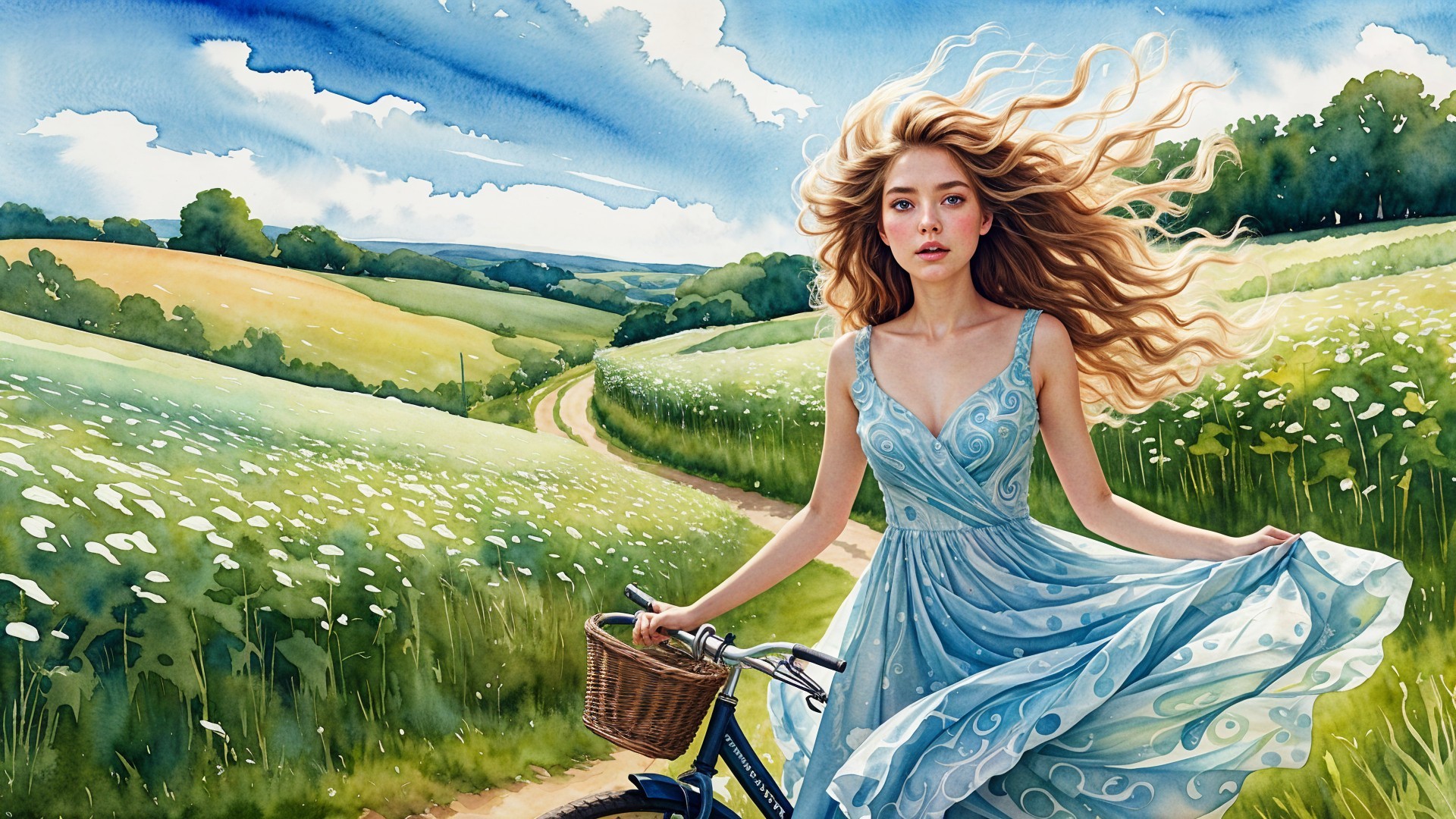 Young woman in blue dress riding bicycle in nature