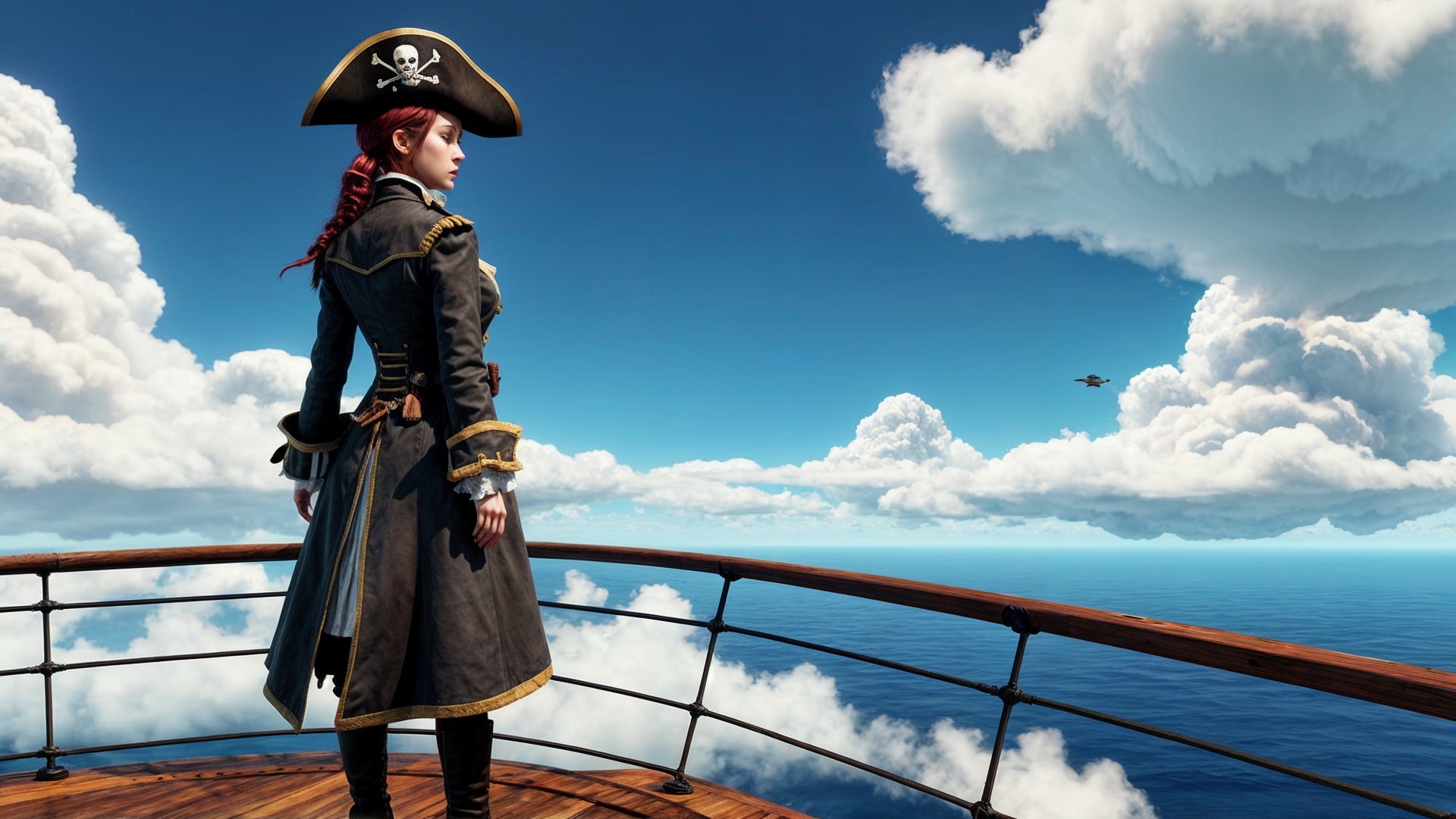 Confident pirate at ship's bow against ocean backdrop