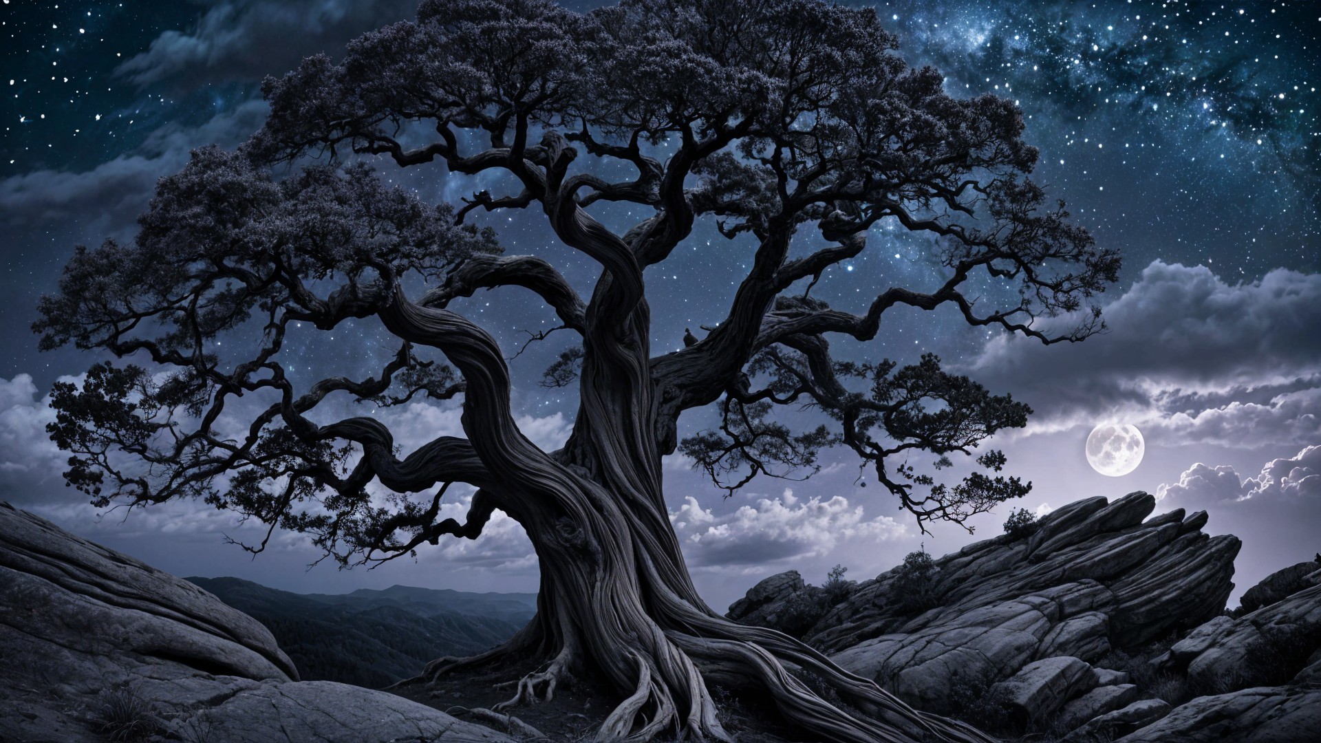 Ancient Tree on Rocky Terrain Under Starry Sky