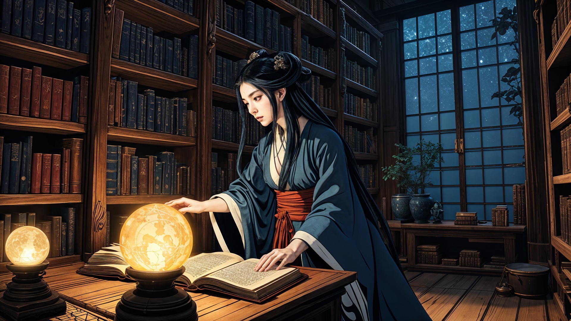 Young Woman Examining Book in Dimly Lit Library