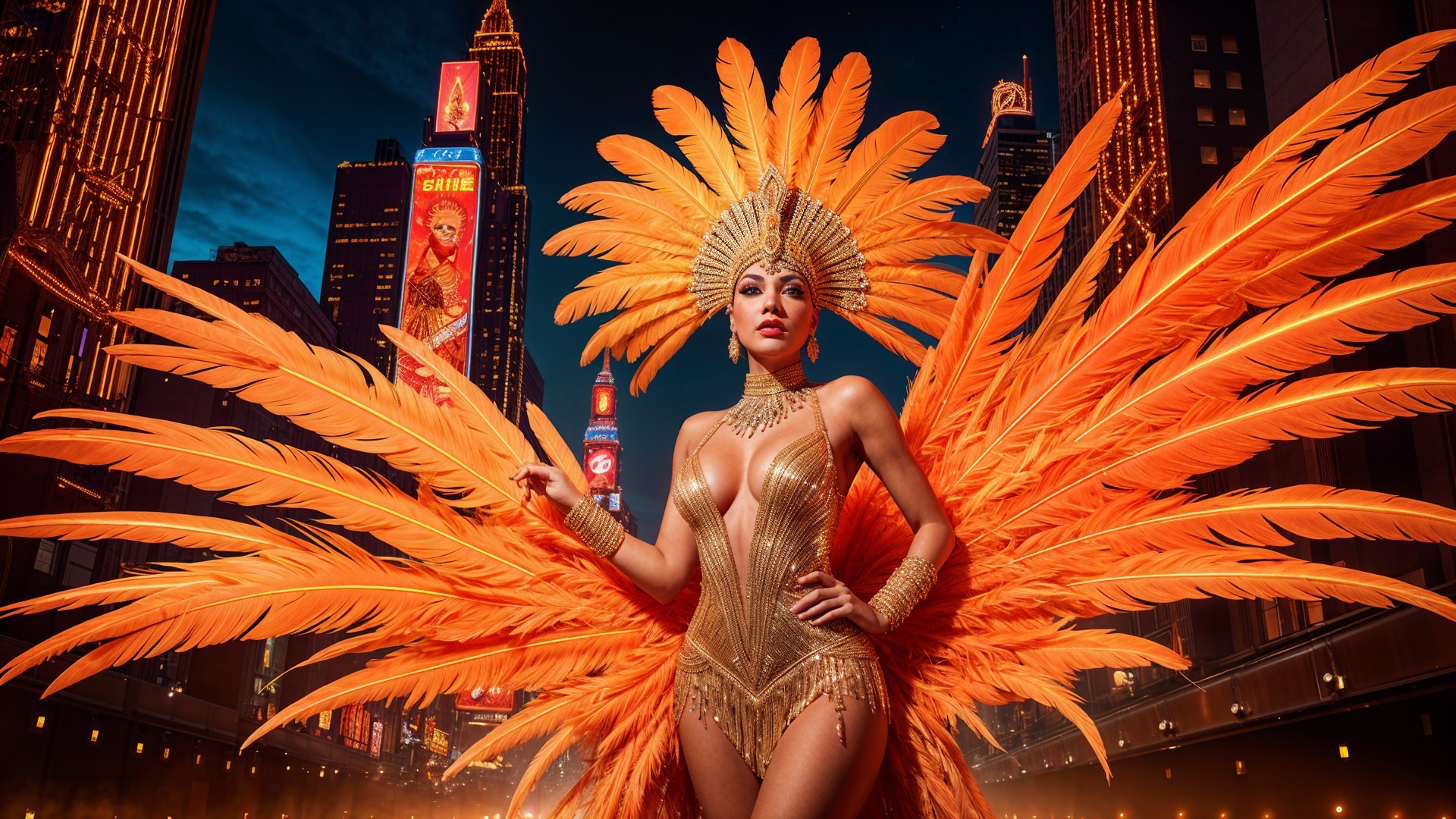 Striking Performer in Golden Outfit Against City Lights