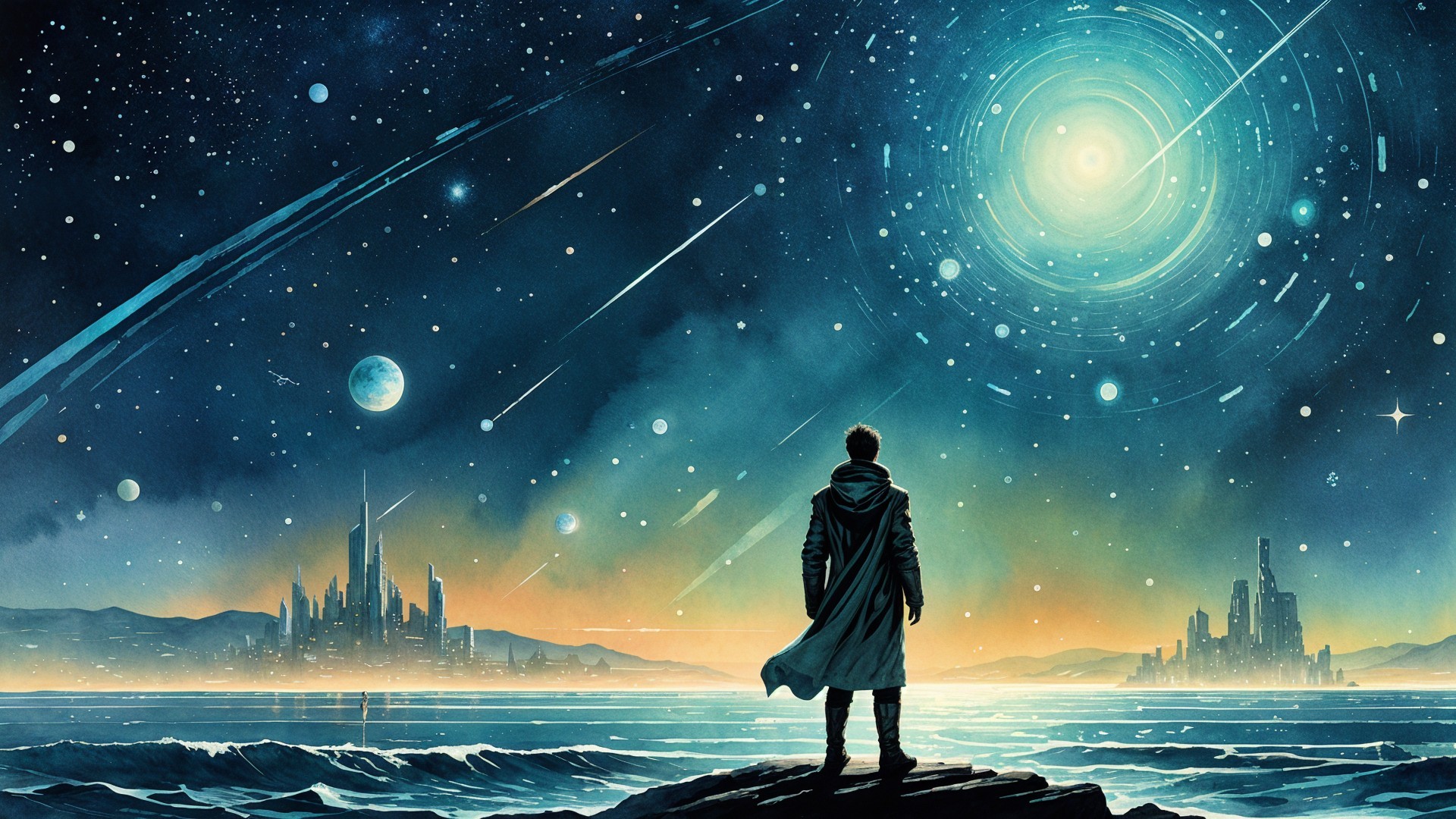 Cosmic Scene with Figure on Rocky Shores at Night