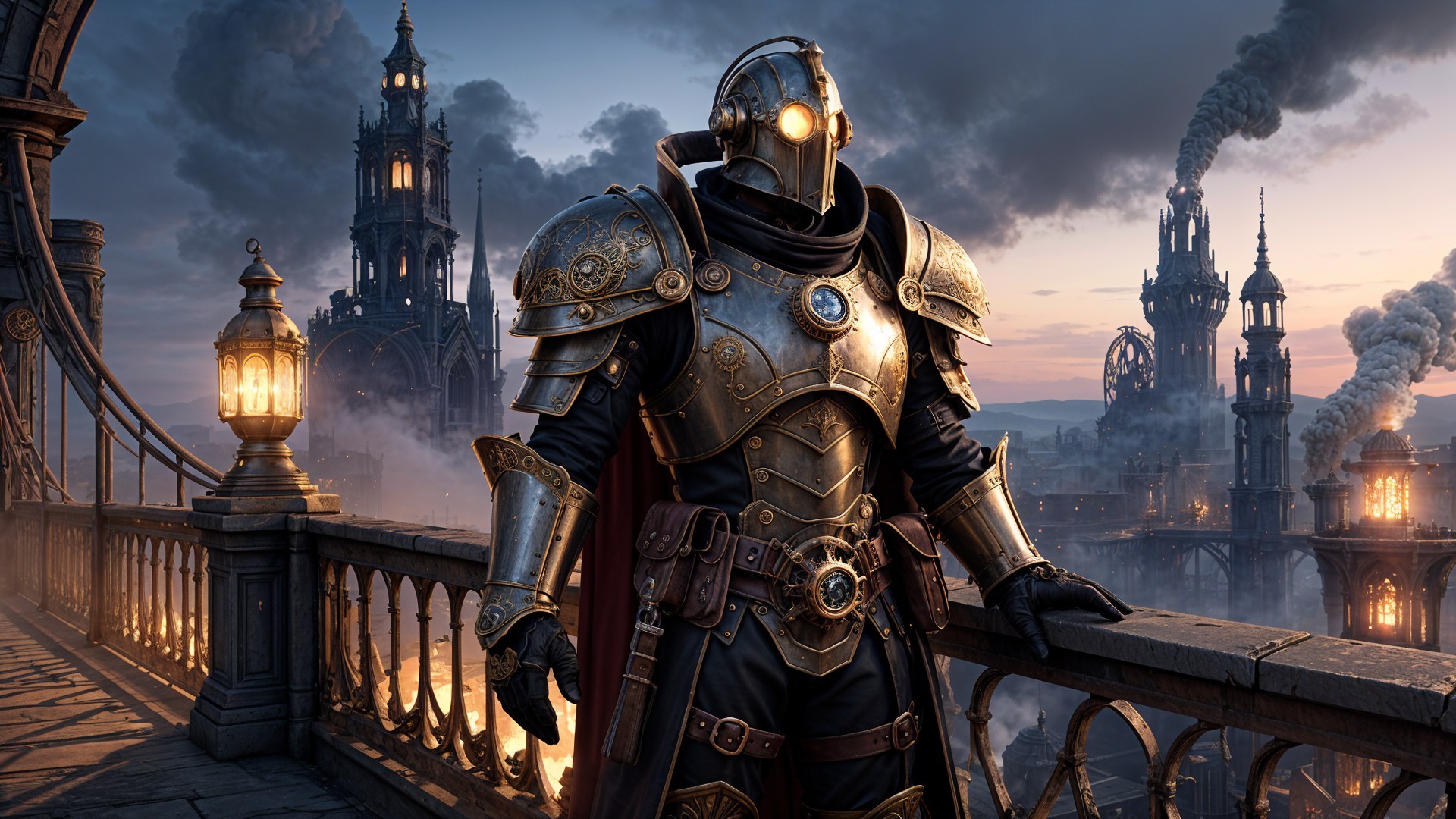 Steam-Powered Armor Overlooking Industrial Cityscape