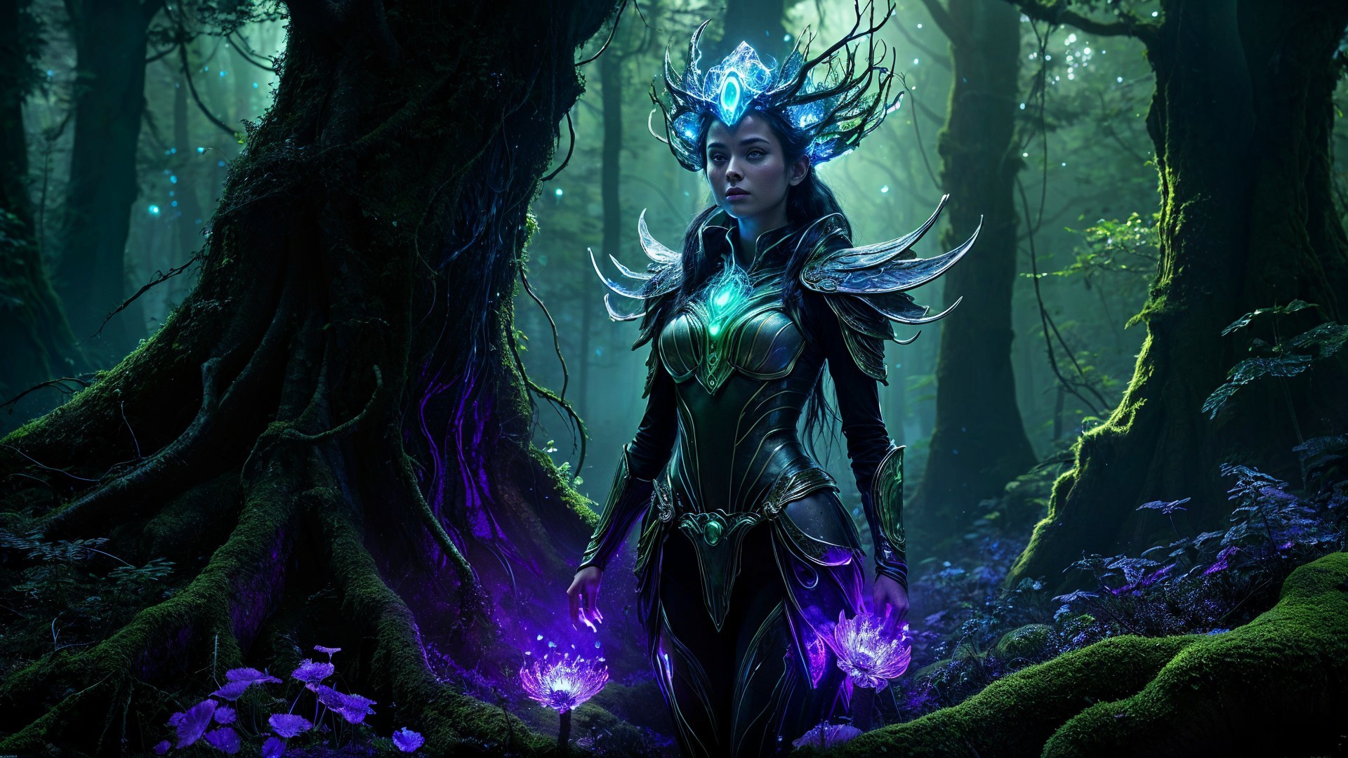Mystical figure in enchanted forest with dark armor