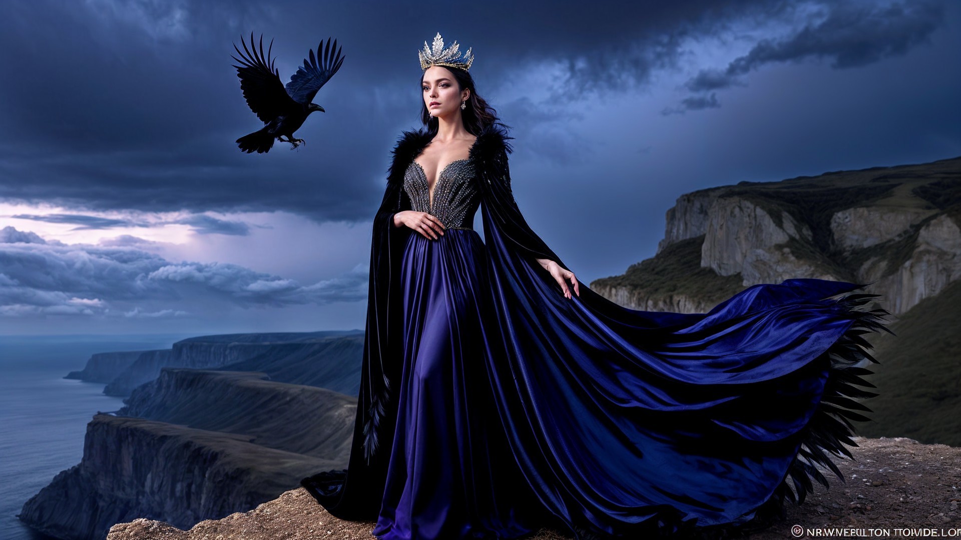 Regal queen on cliff with dark gown and crown