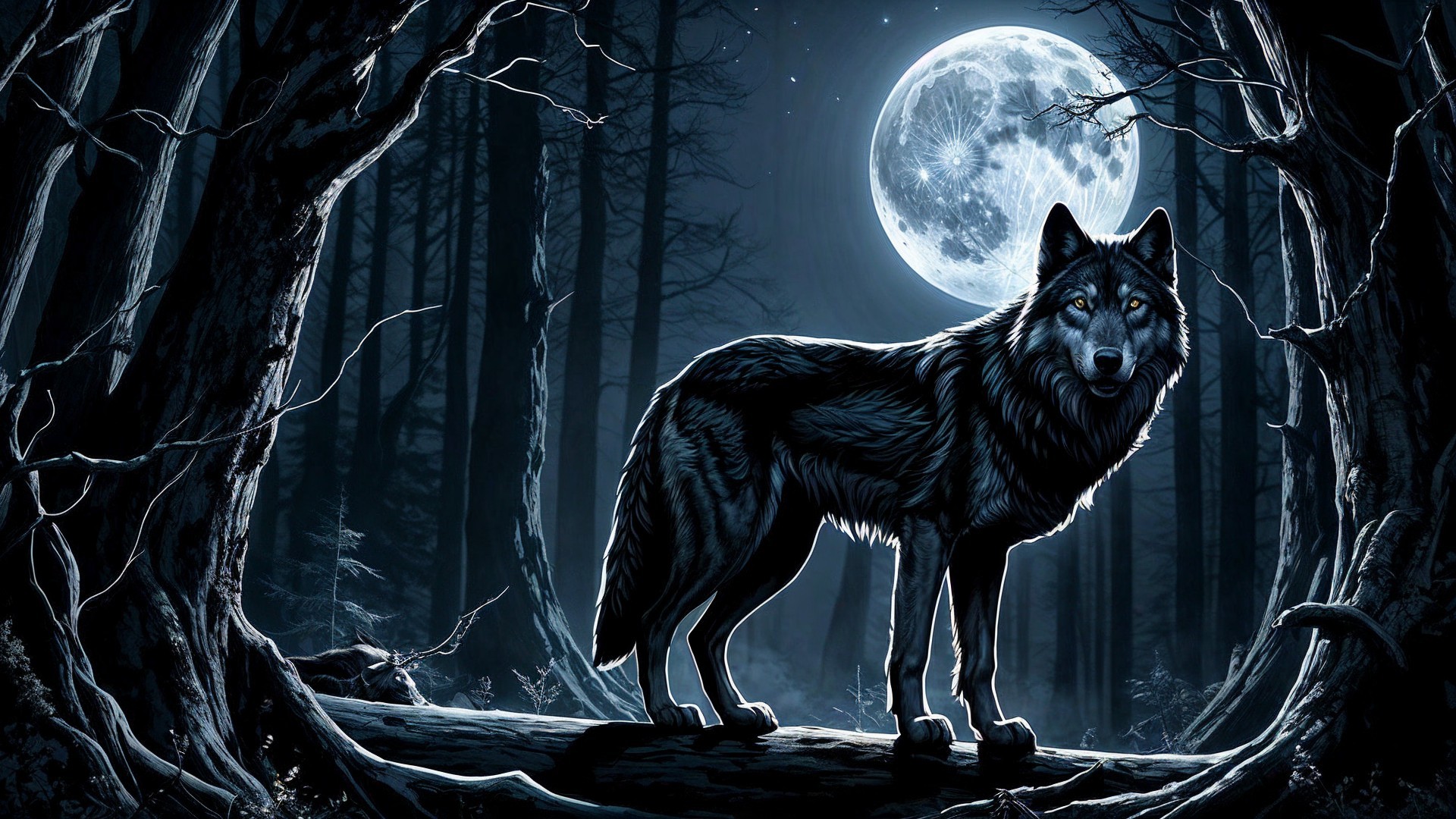 Wolf on Mossy Log Under Full Moon in Dark Forest