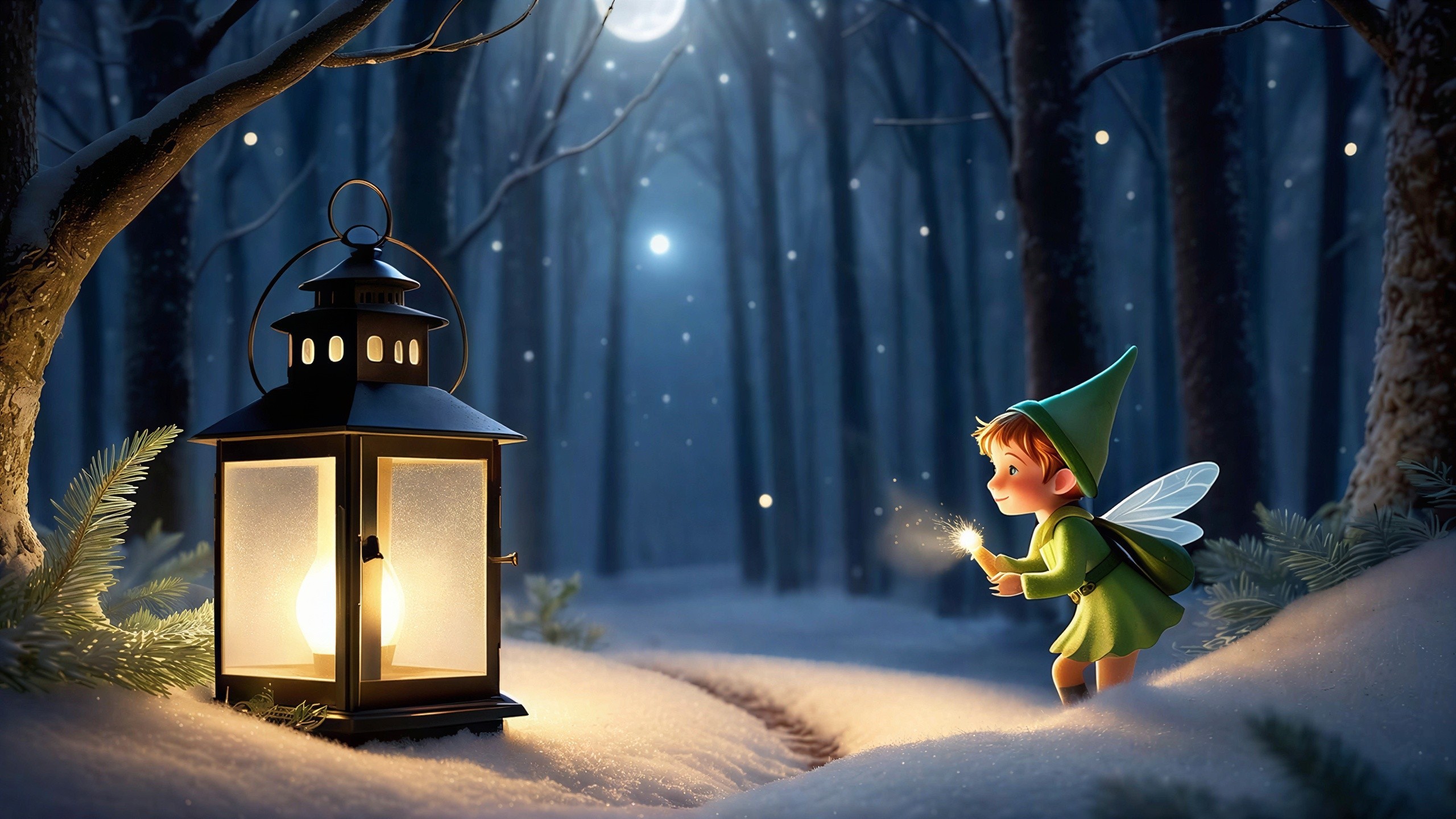 Magical Cartoon Landscape with Fairy and Moonlit Forest