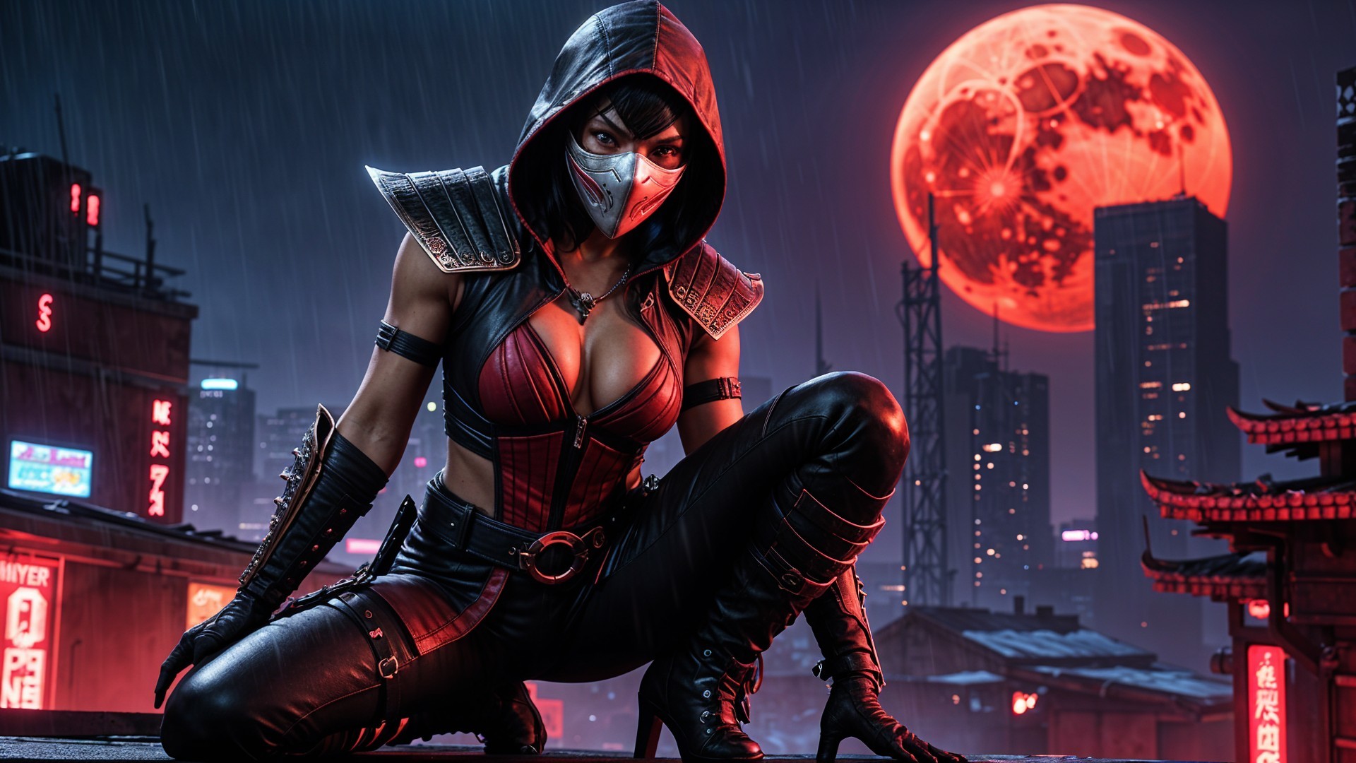 Fierce Warrior in Rainy Urban Setting Under Red Moon