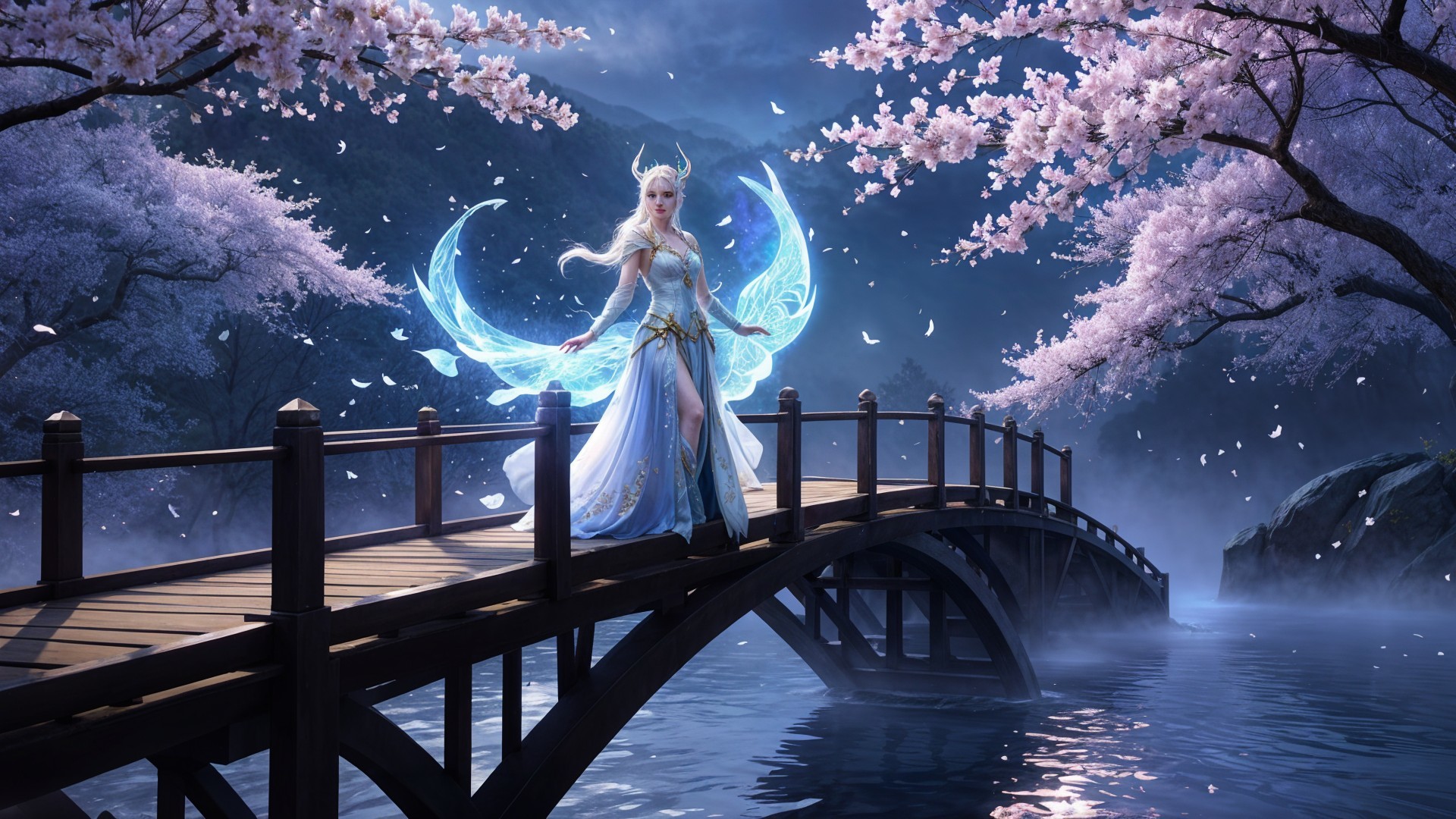 Mystical Figure on Wooden Bridge Amidst Ethereal Scenery