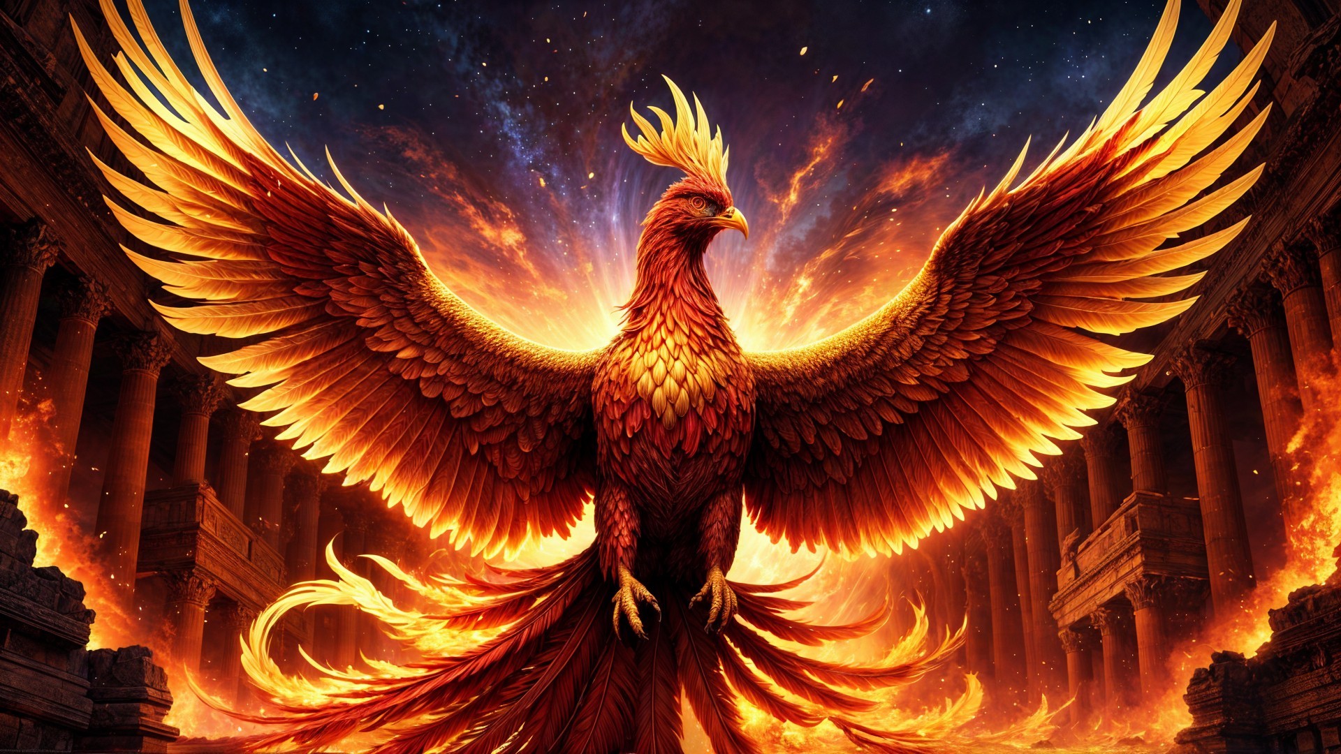 Phoenix with Fiery Plumage Against Starry Sky