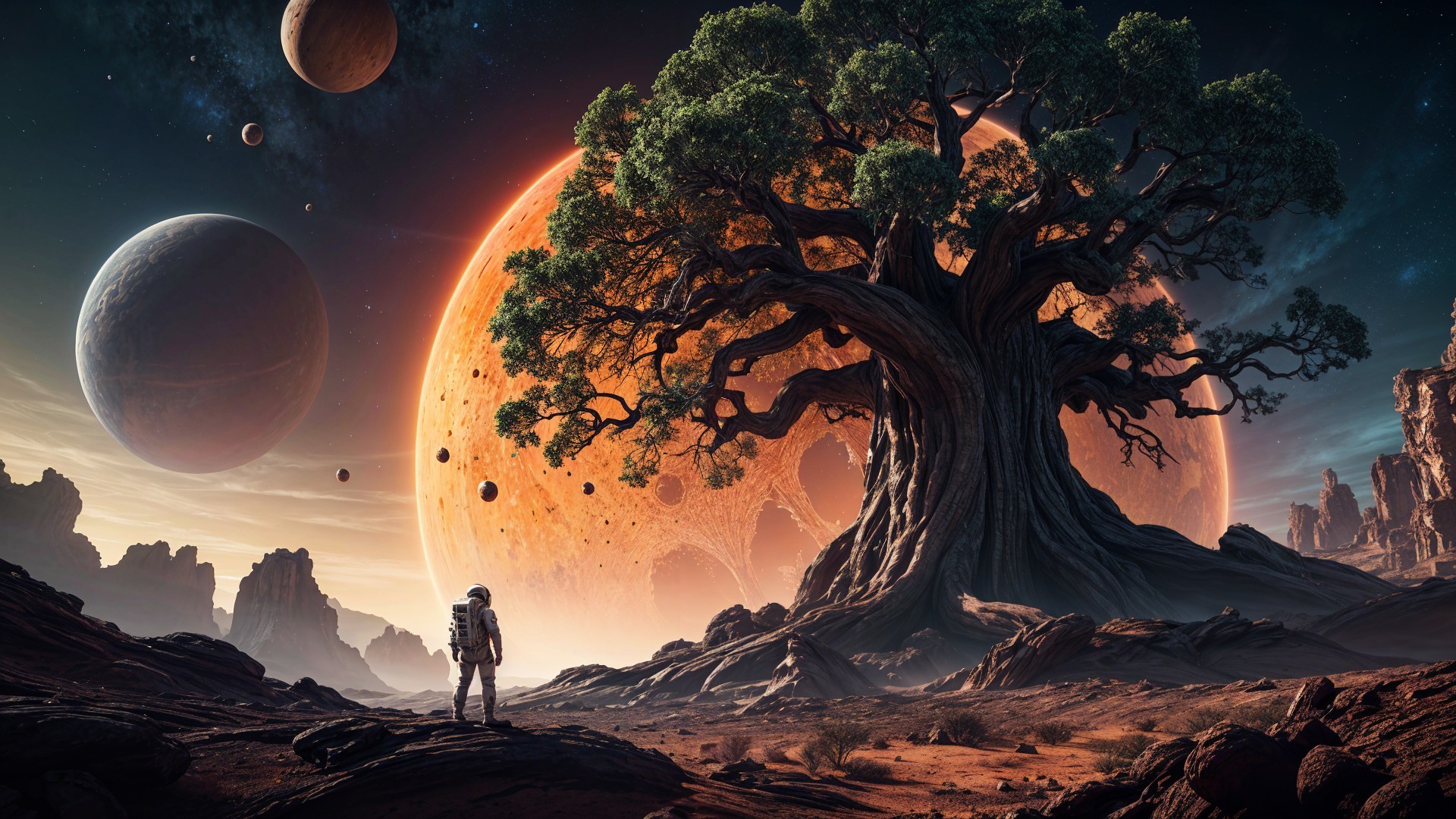 Astronaut in a surreal cosmic landscape with ancient tree