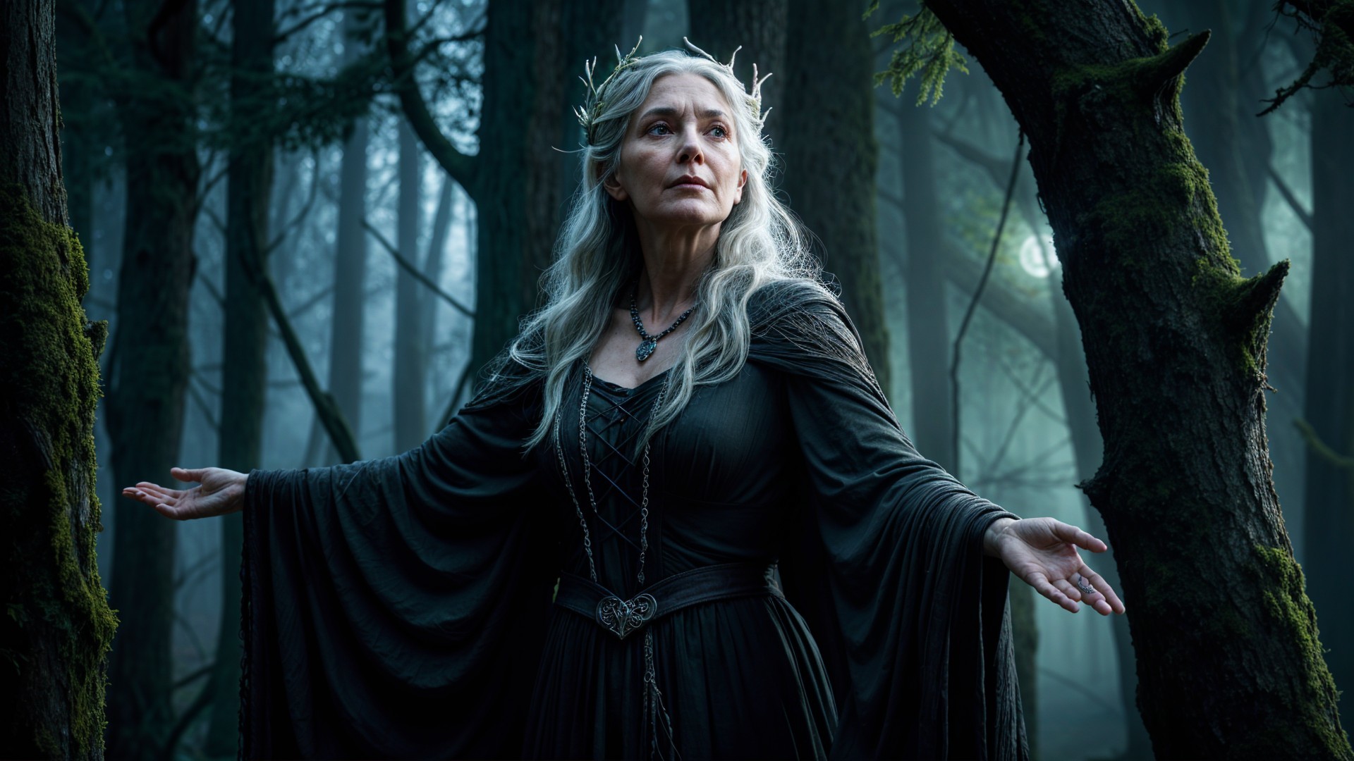 Majestic figure in misty forest with flowing robes