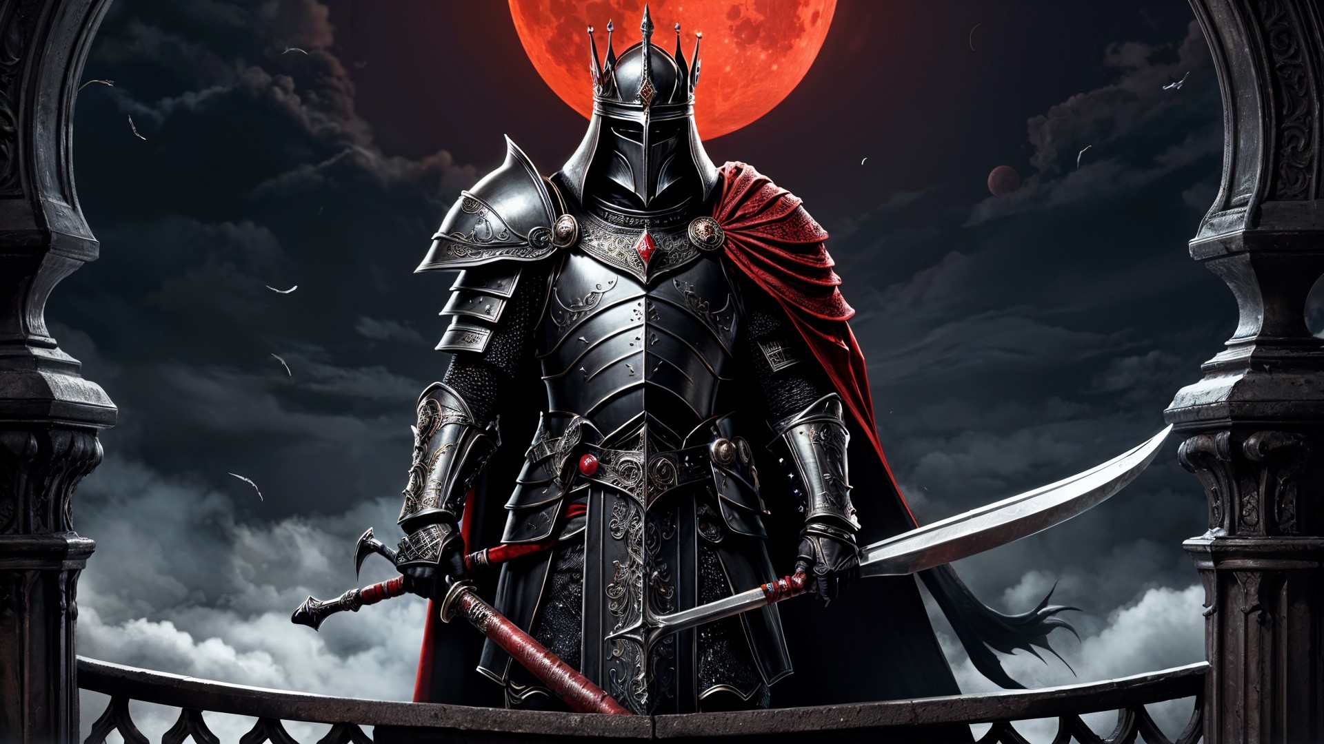 Knight in Black Armor Against Blood-Red Moon Background