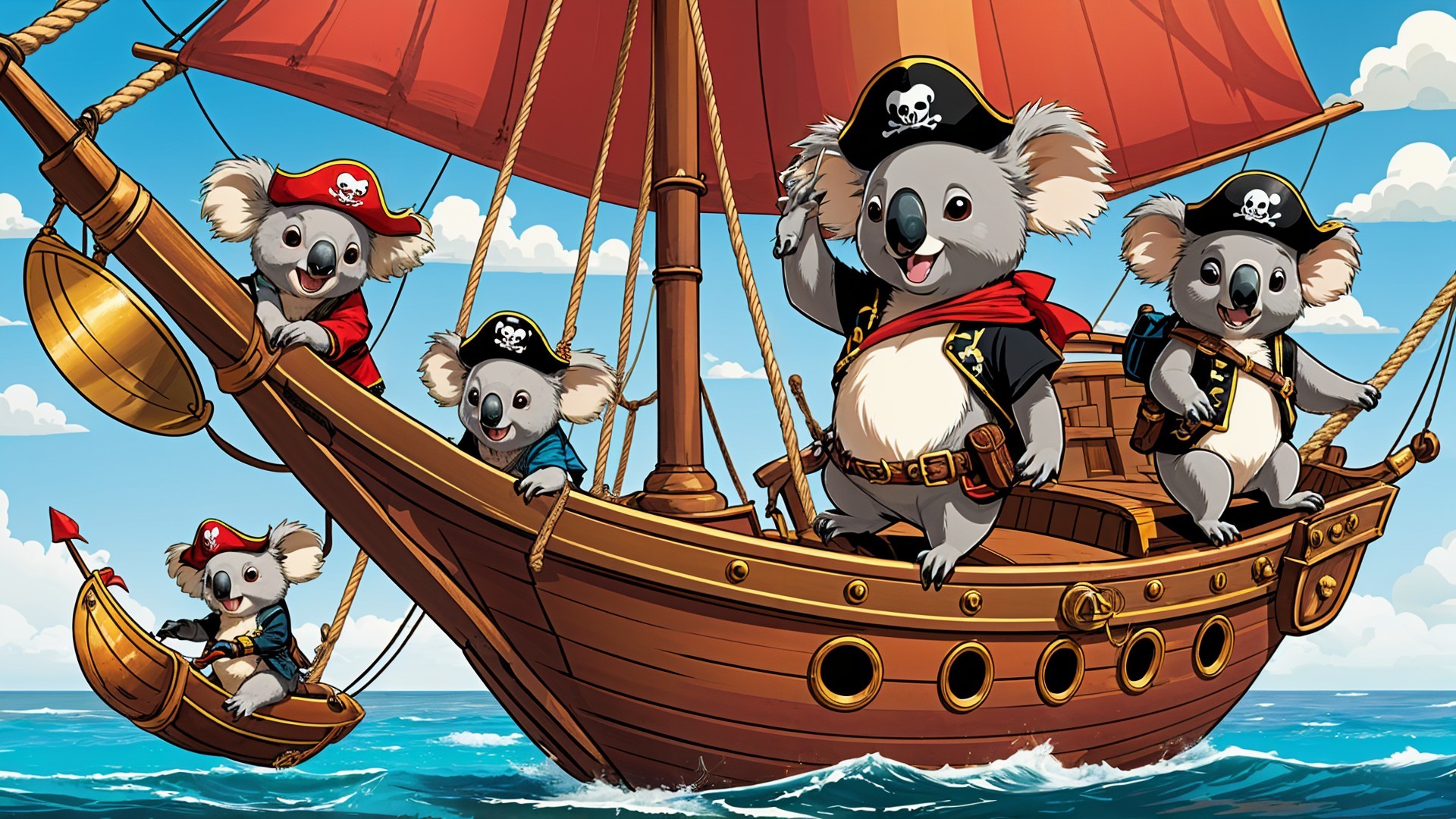 Koala Pirates on a Wooden Ship with Red Sail
