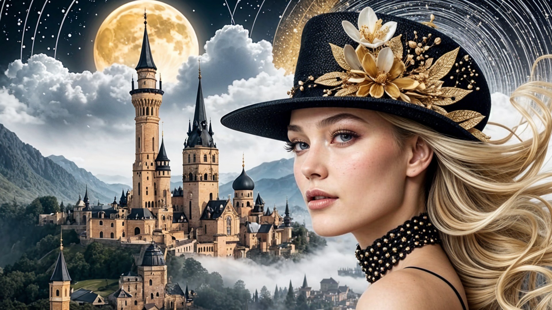Young woman in elegant hat against misty castle backdrop