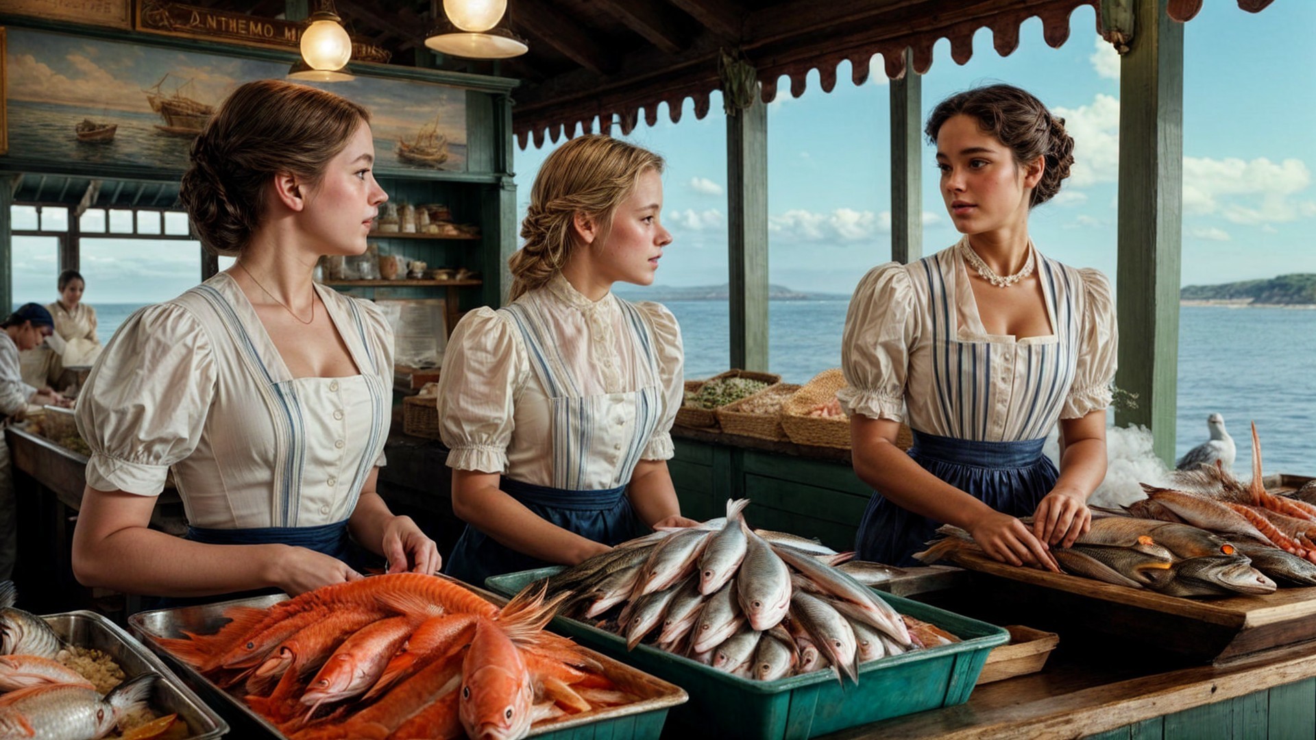 Seaside Fish Market with Women in Traditional Attire