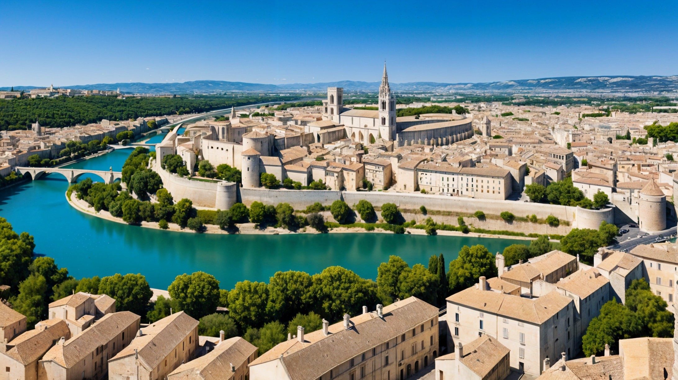 Aerial View of a Historical City with River and Greenery