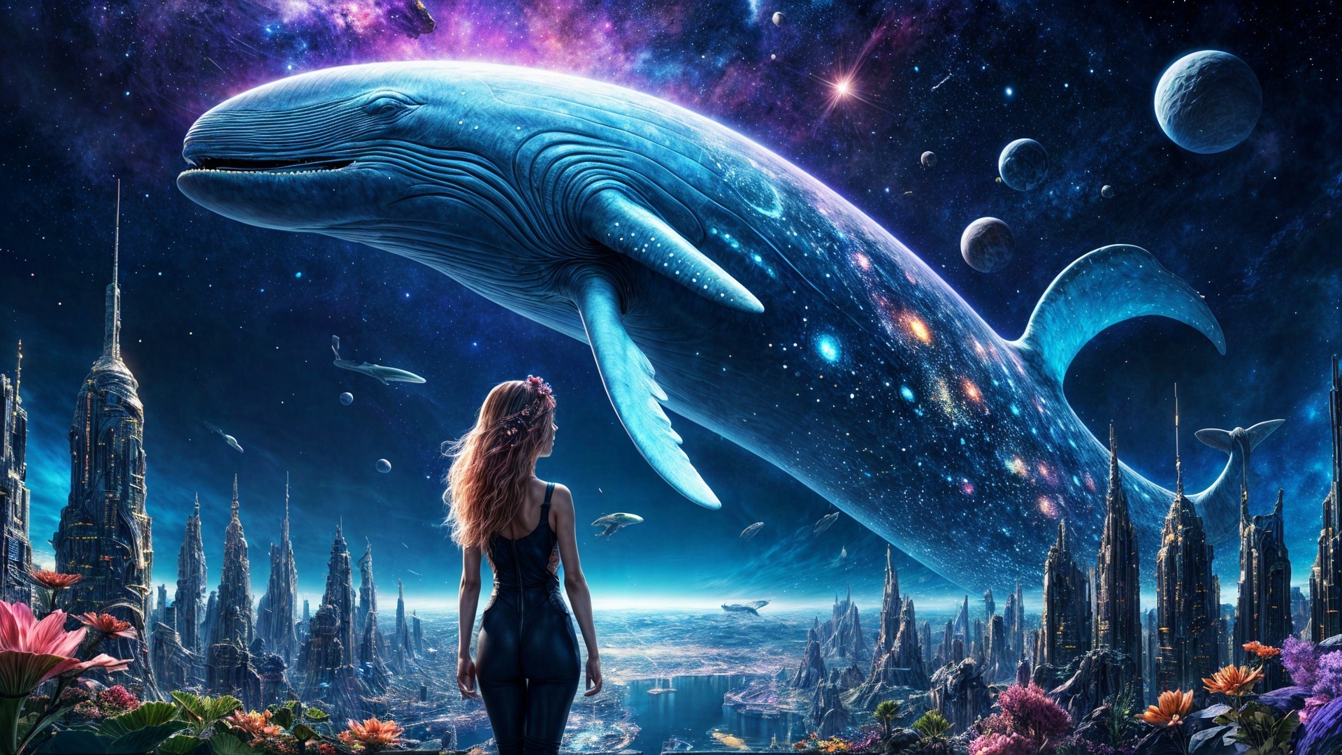 Giant Blue Whale in Starry Sky with Futuristic Landscape