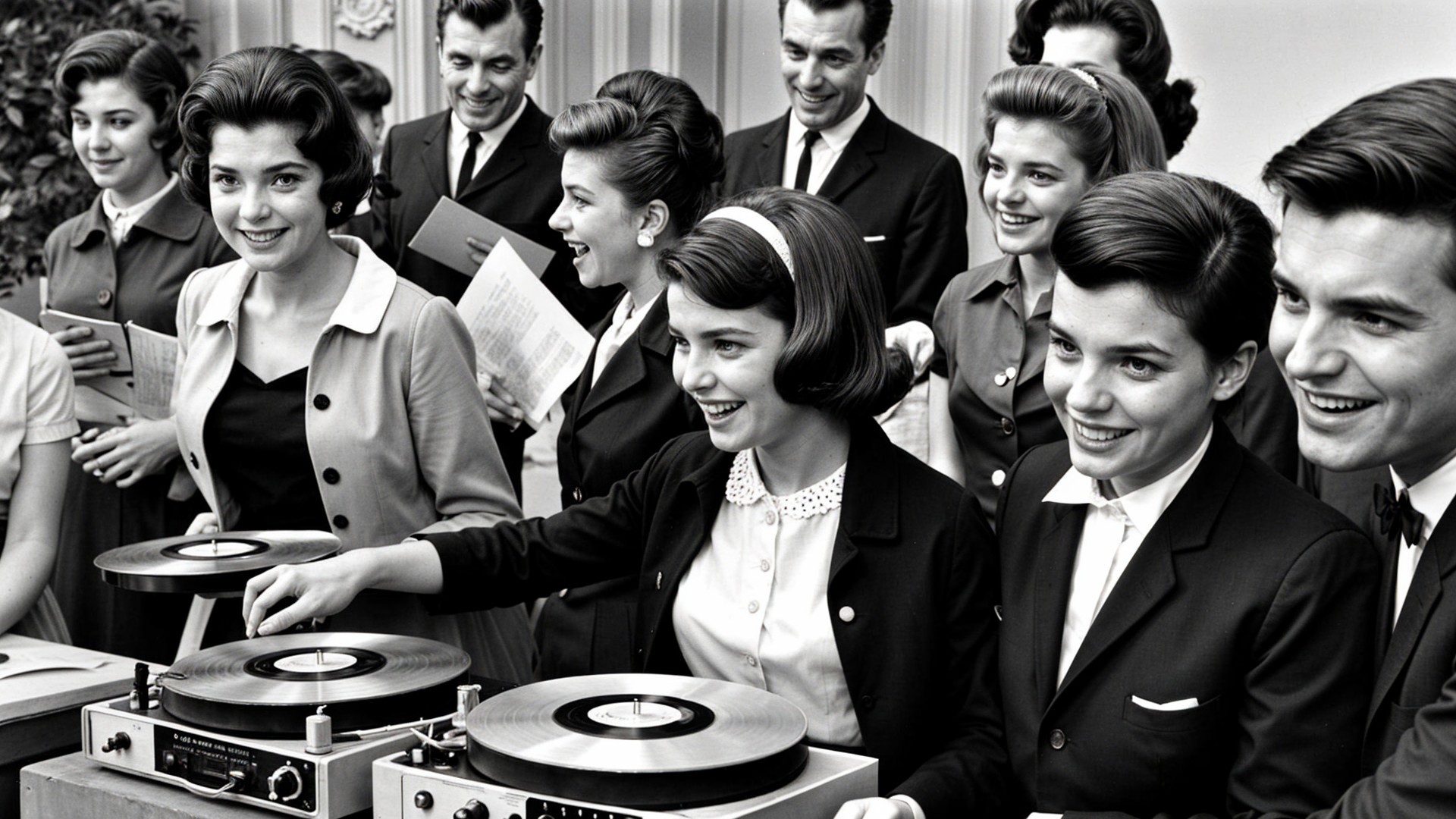 1950s Group Enjoying Vinyl Records in Black-and-White