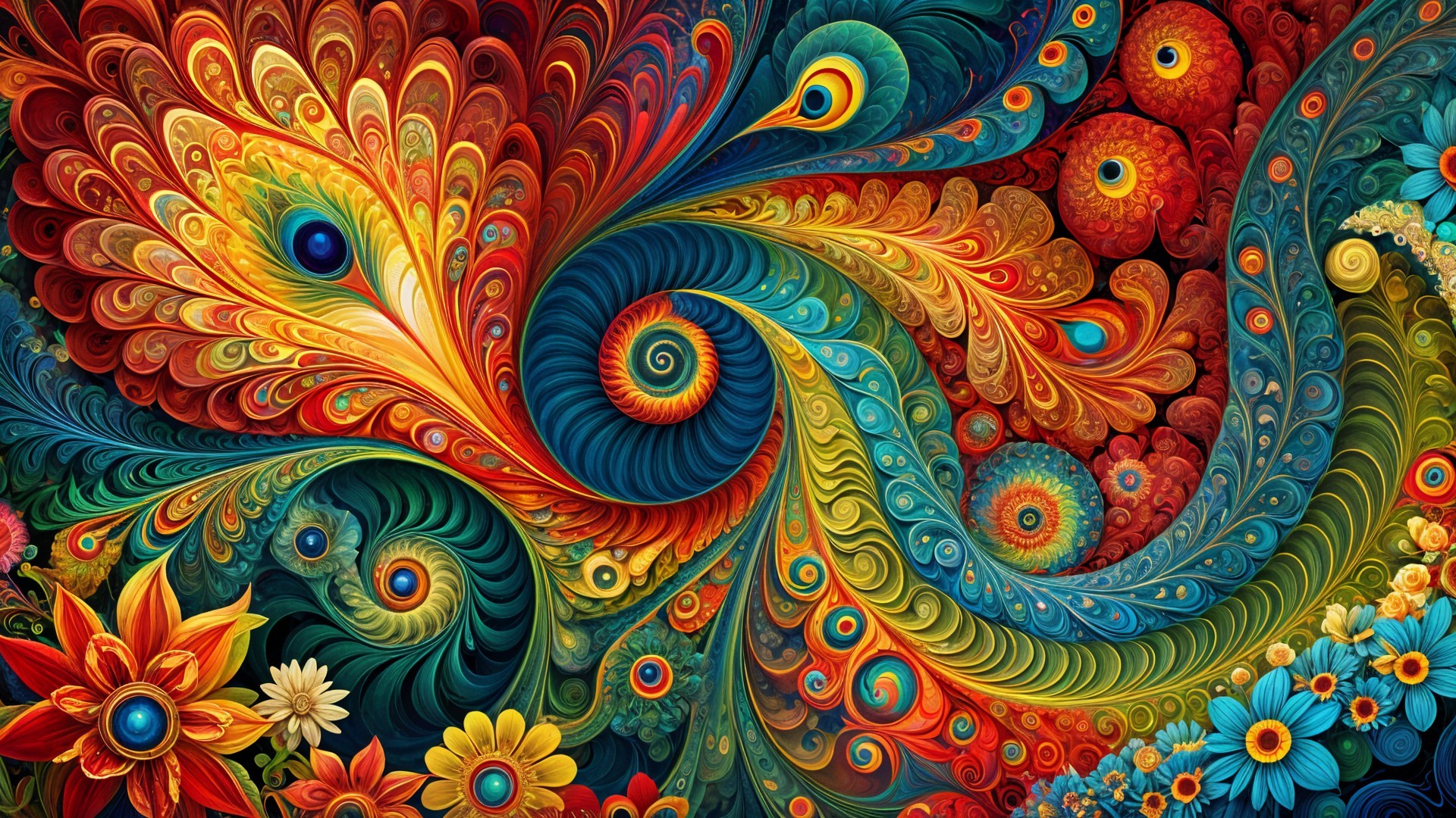 Vibrant Swirling Design with Spirals and Bold Colors