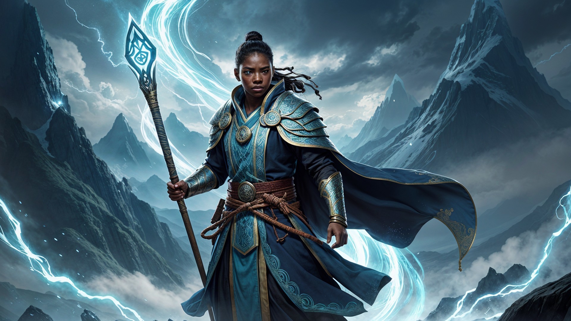 Sorceress in Blue Robes on Mountain with Ethereal Energy