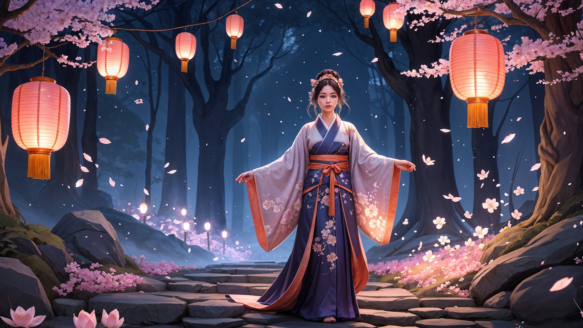 Mystical Forest with Lanterns and Cherry Blossoms