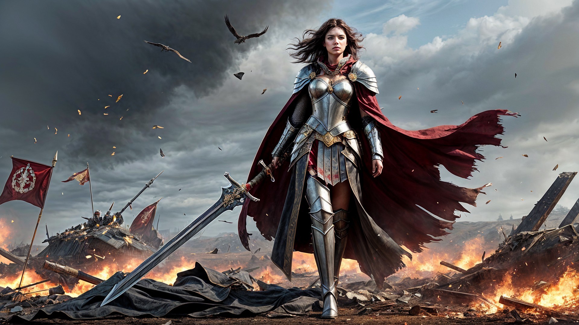 Warrior in Silver Armor on a Fiery Battlefield