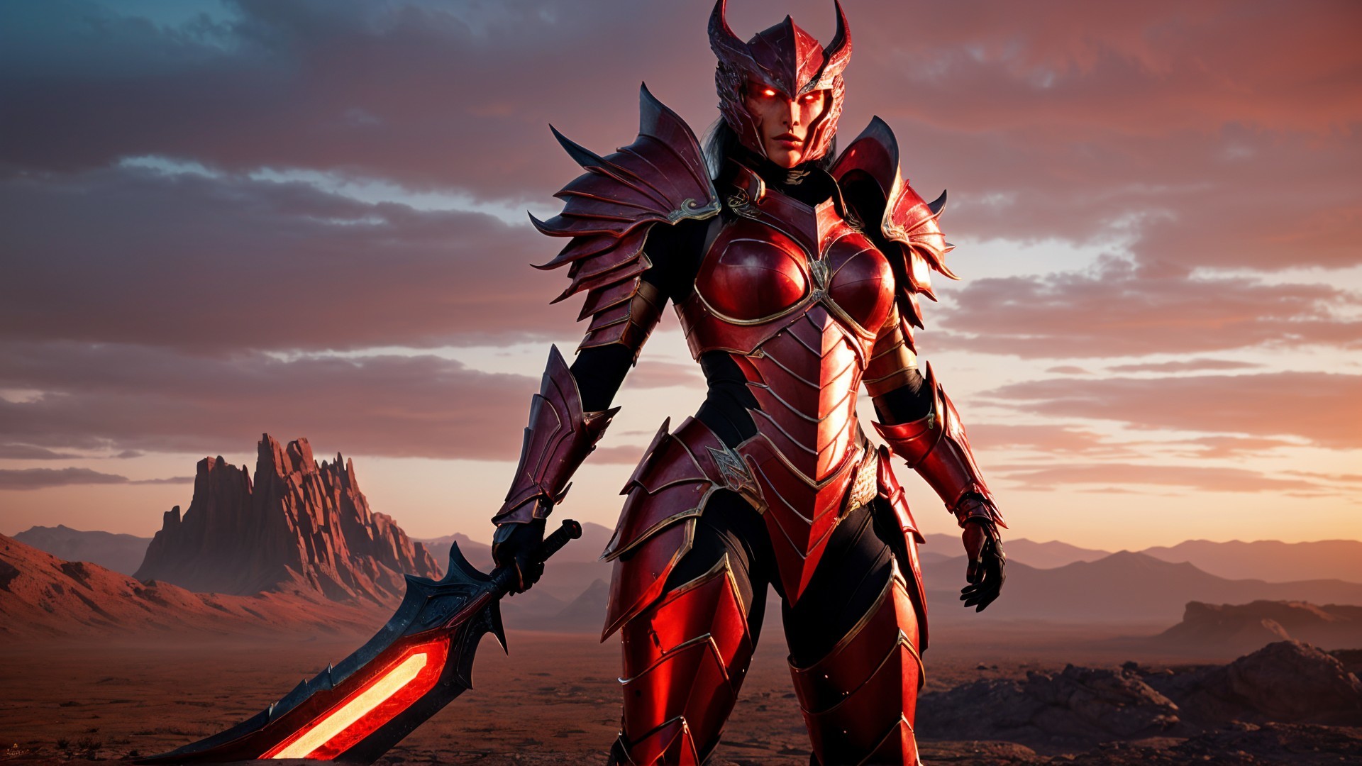 Warrior in Red and Black Armor at Sunset Landscape