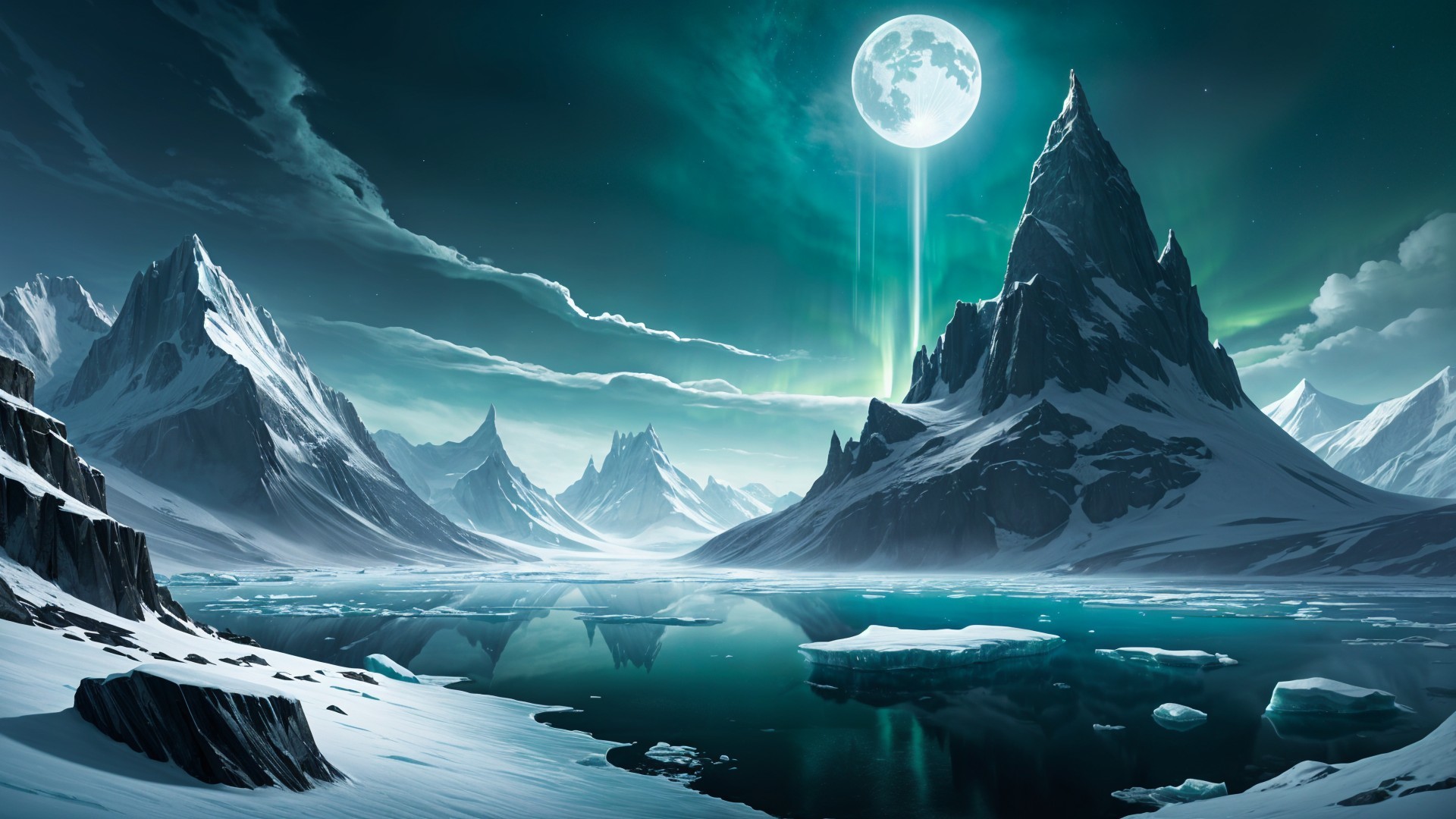Snowy Landscape with Mountains and Ethereal Moonlight