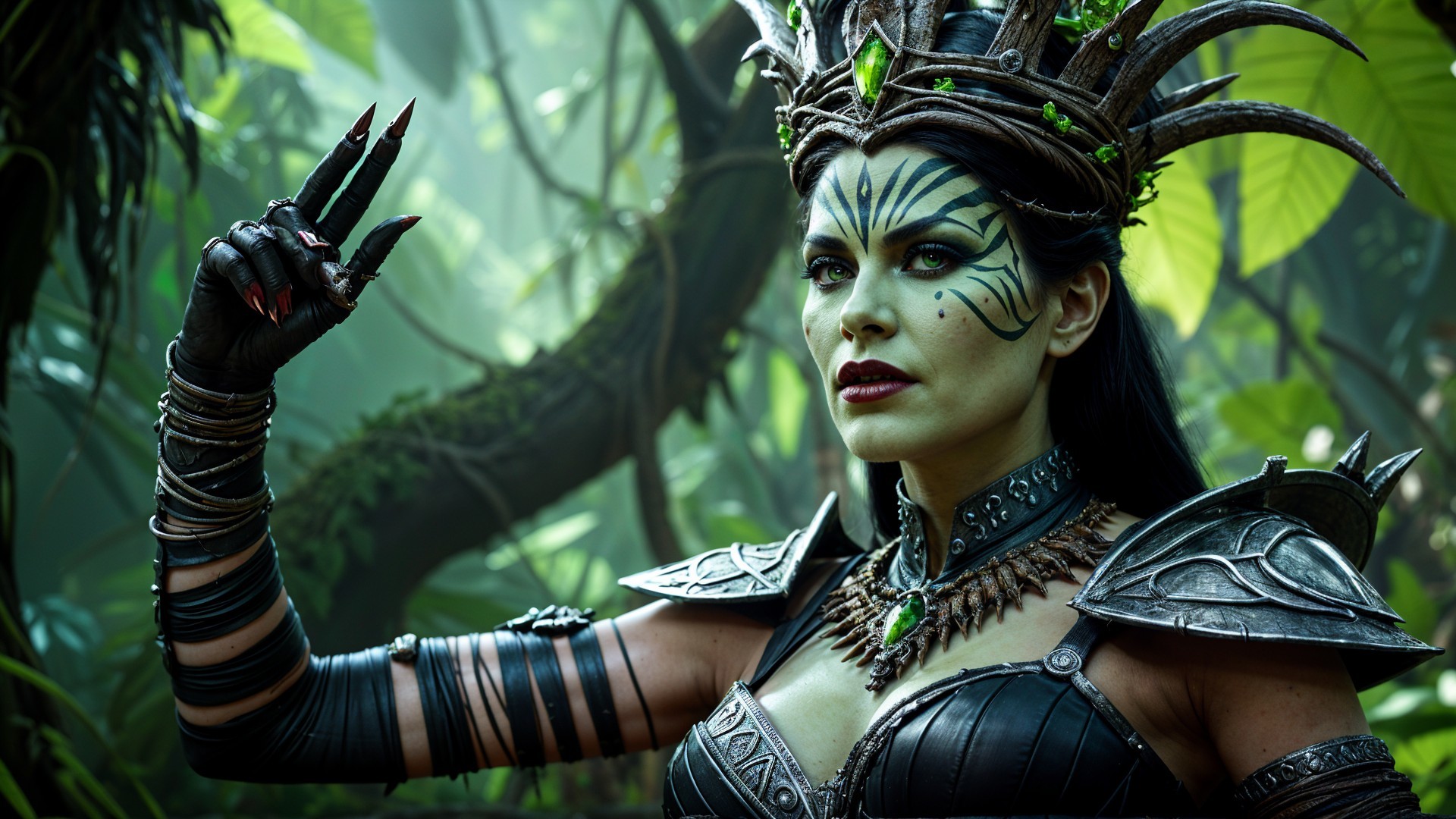 Mystical queen in dark armor with jungle backdrop