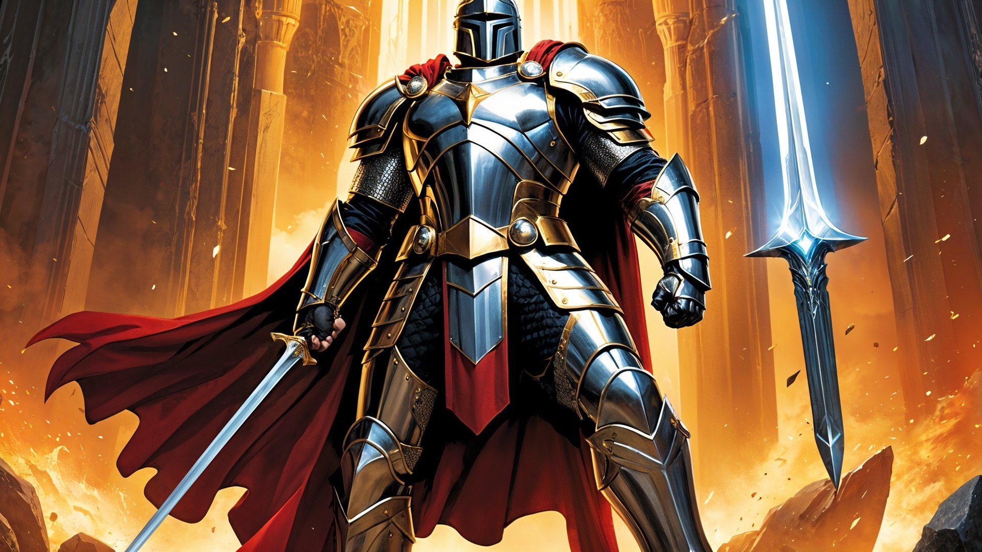 Knight in Silver Armor with Red Cape and Swords