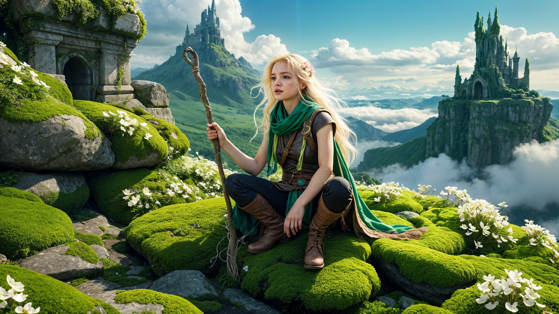 Serene Fantasy Landscape with Young Woman and Castles