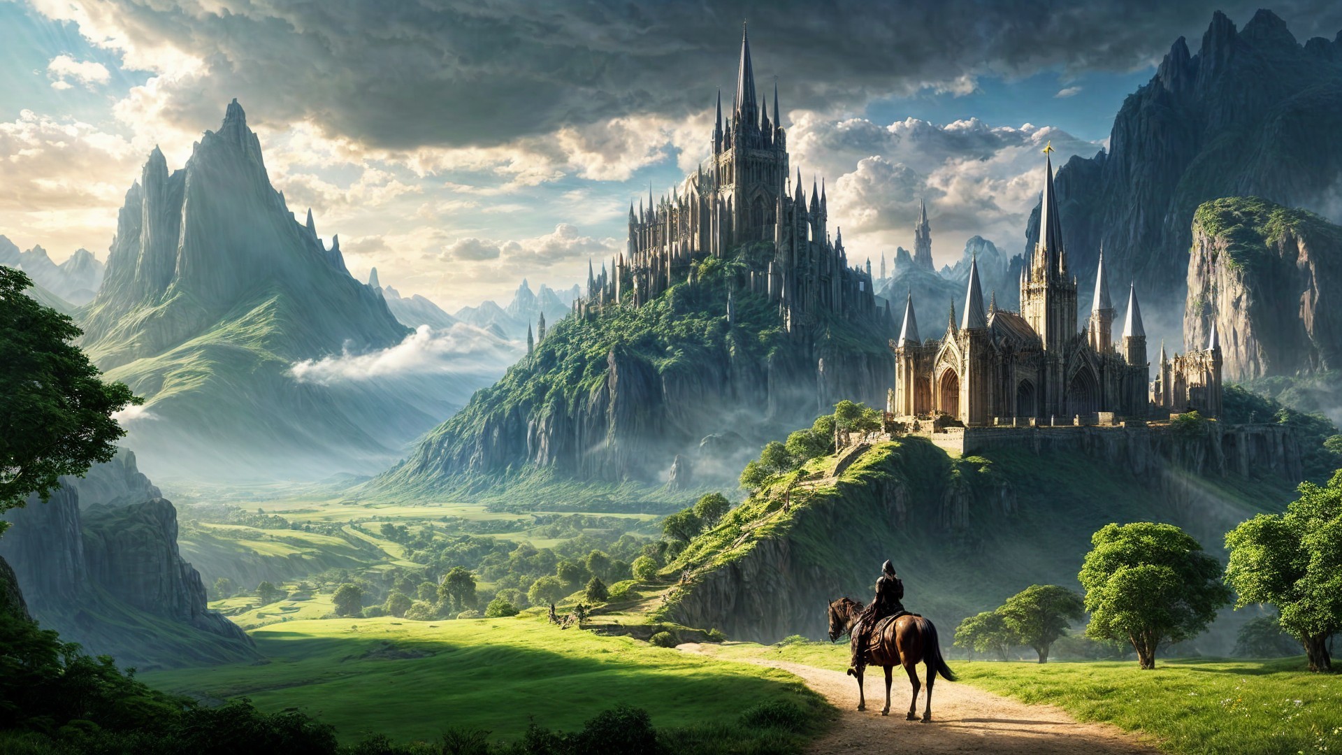 Majestic Castle in Fantasy Landscape with Rider