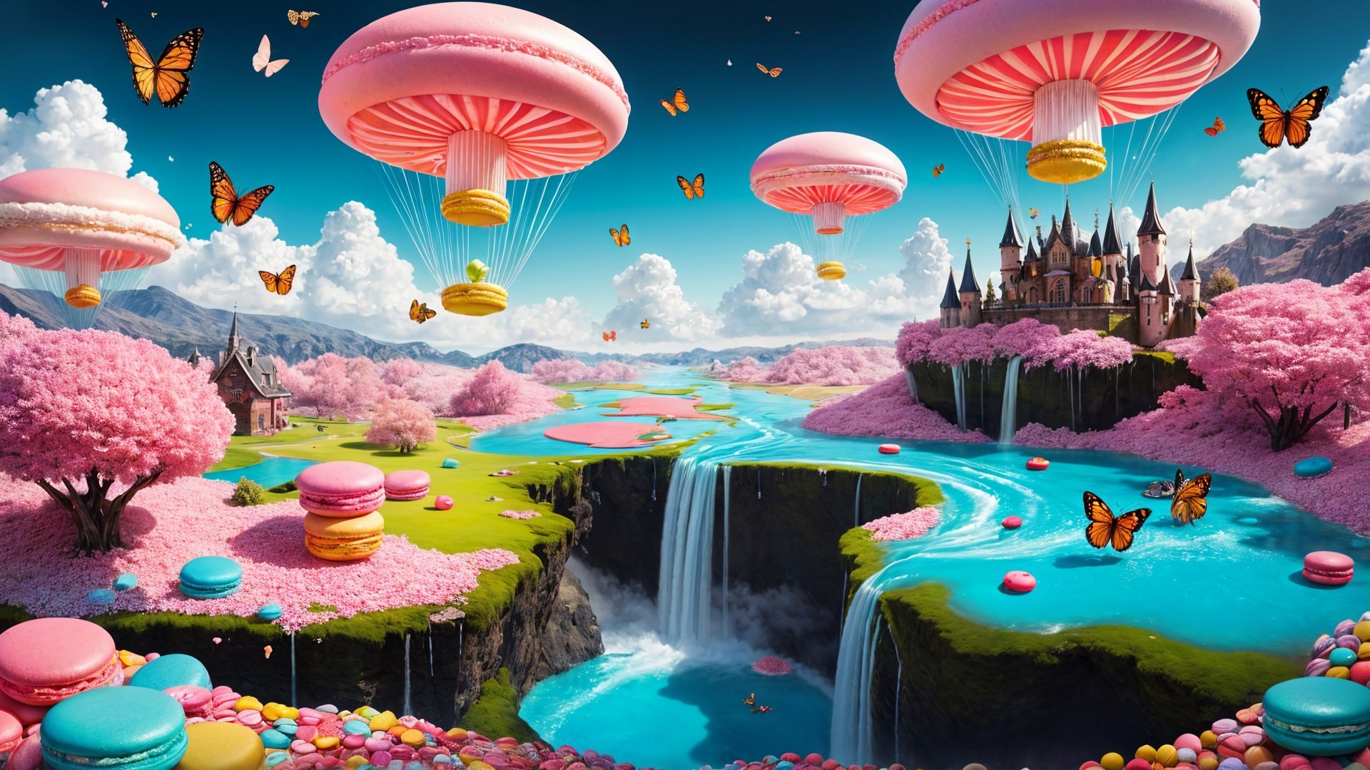Whimsical Landscape with Pastel Mushrooms and Cherry Blossoms
